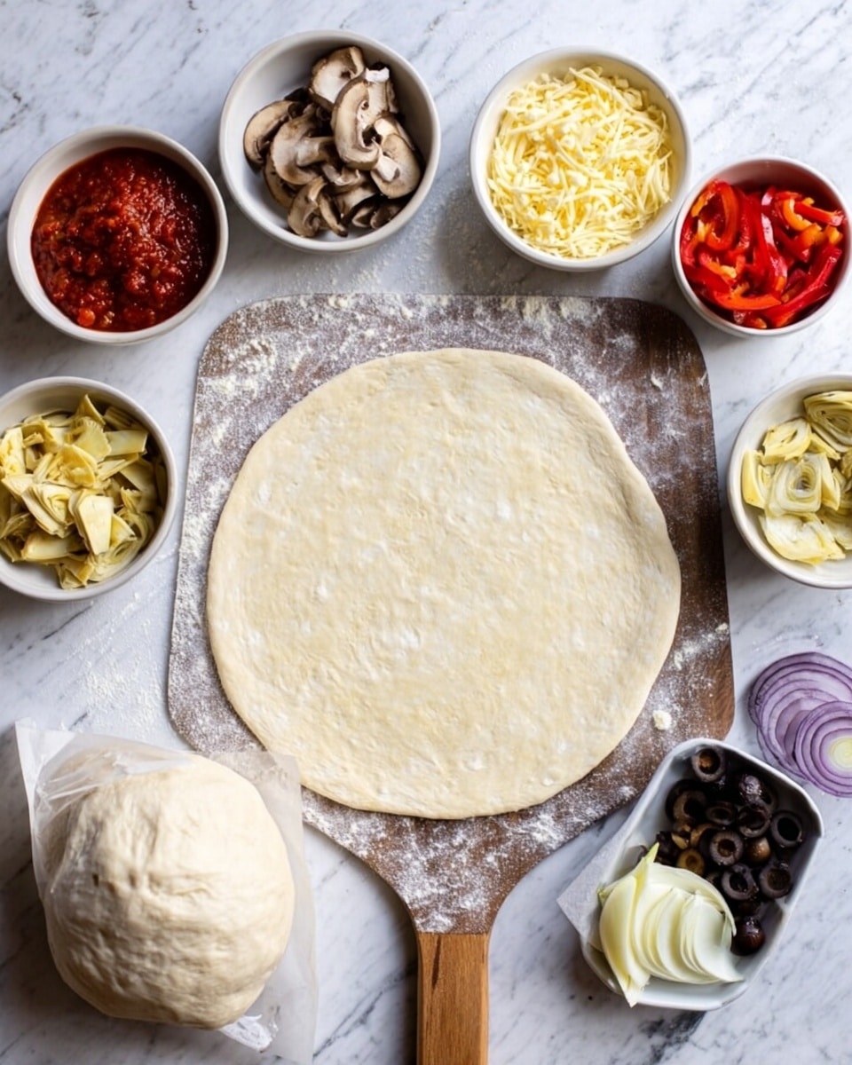 A round pizza dough stretched thinly sits in the center on a flour-dusted pizza peel with a wooden handle. Around it, six small white bowls display different toppings: sliced mushrooms, shredded light yellow cheese, red tomato sauce, bright red strips of roasted peppers, pale yellow artichoke hearts, black olive slices, and thin slices of purple onion. Another ball of dough wrapped in parchment rests on the white marbled surface next to the pizza peel. Photo taken with an iphone --ar 4:5 --v 7