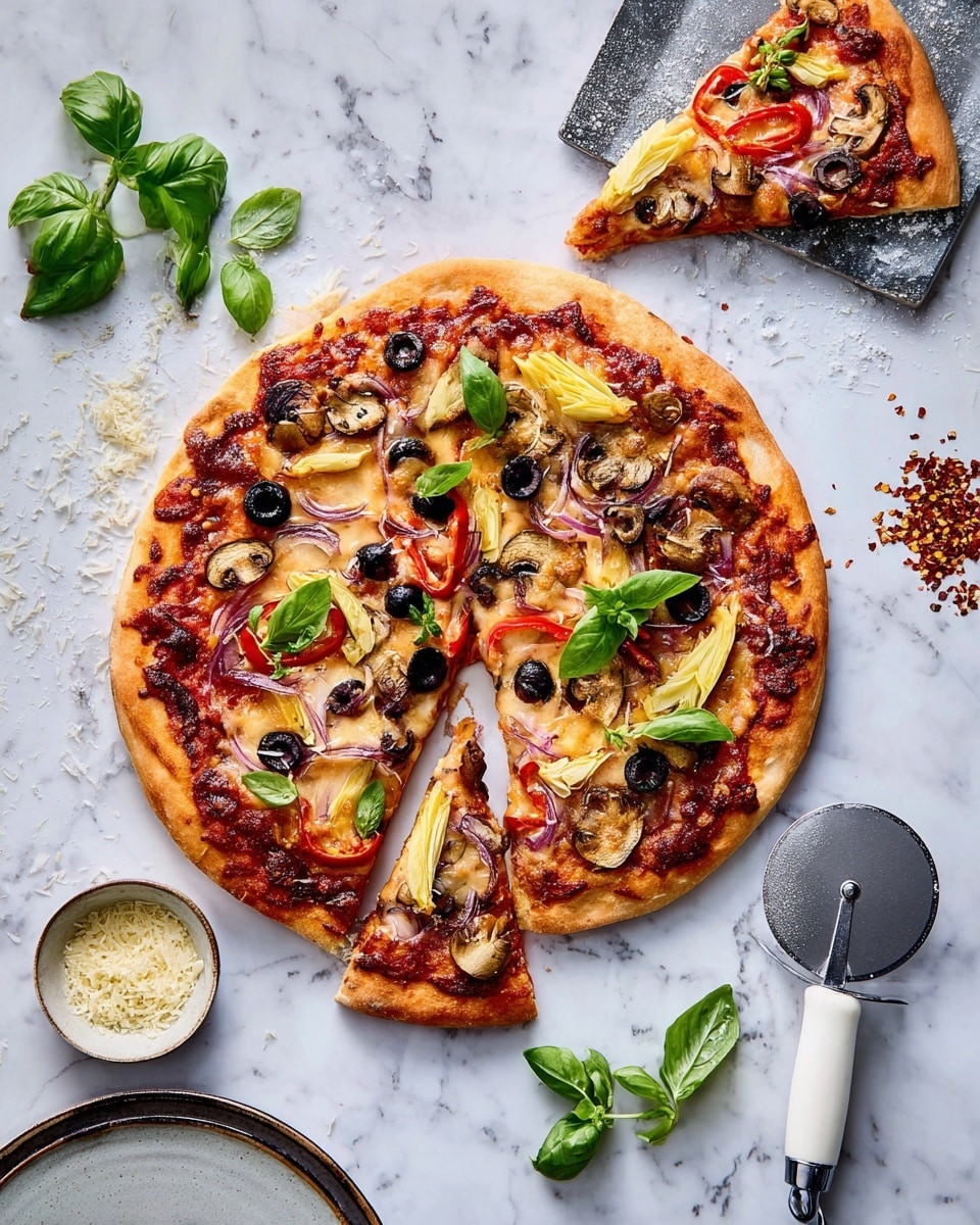 A round pizza with a golden-brown crust sits on a white marbled surface, topped with a tomato sauce base layer, a melted cheese layer, and various toppings including black olive slices, red bell pepper strips, artichoke hearts, mushroom slices, and thin red onion slices. Fresh green basil leaves are scattered over the top layer. One slice of the pizza is slightly pulled away. Nearby on the surface is a pizza cutter with a white handle, loose basil leaves, a small bowl of grated cheese, and a small dish with red chili flakes. A white plate with a dark rim is partially visible in the corner. Photo taken with an iphone --ar 4:5 --v 7