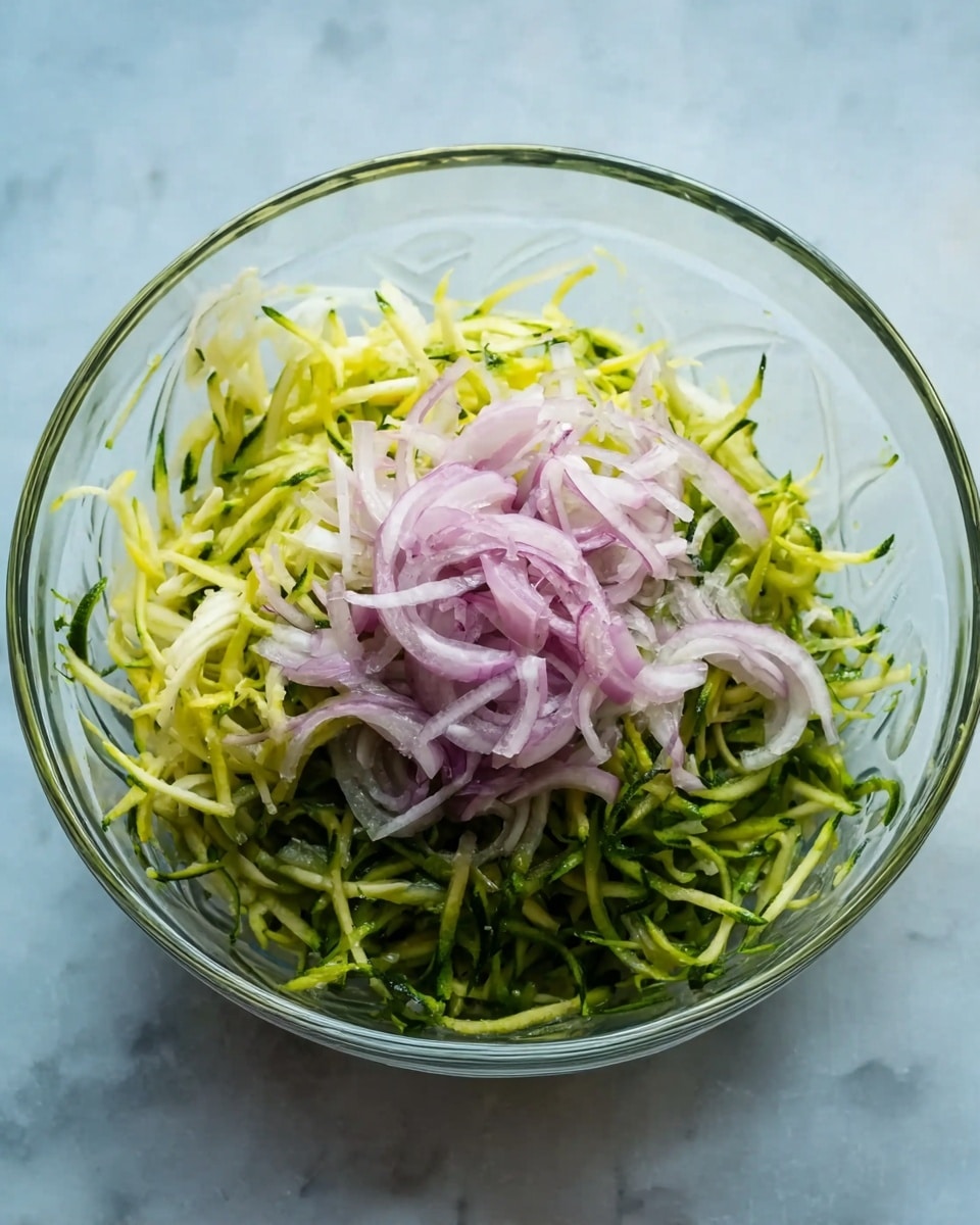 A clear glass bowl filled with two main layers: the bottom layer consists of thin, shredded green and yellow vegetables, likely zucchini or cucumber, with a fresh and slightly crunchy texture. On top, there is a second layer of thinly sliced light purple onions, arranged loosely in the center of the bowl, creating a soft contrast against the shredded vegetables. The bowl is placed on a white marbled textured surface, enhancing the natural colors of the vegetables. photo taken with an iphone --ar 4:5 --v 7