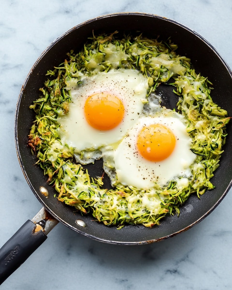 A black pan filled with two sunny side up eggs cooked in the middle of a ring of shredded green zucchini that is lightly browned and mixed with melted cheese. The zucchini forms a textured, slightly crispy green and golden layer around the two eggs, which have bright white edges and soft orange yolks. The pan rests on a white marbled surface, and a woman’s hand is not visible but implied by the positioning of the pan handle. photo taken with an iphone --ar 4:5 --v 7