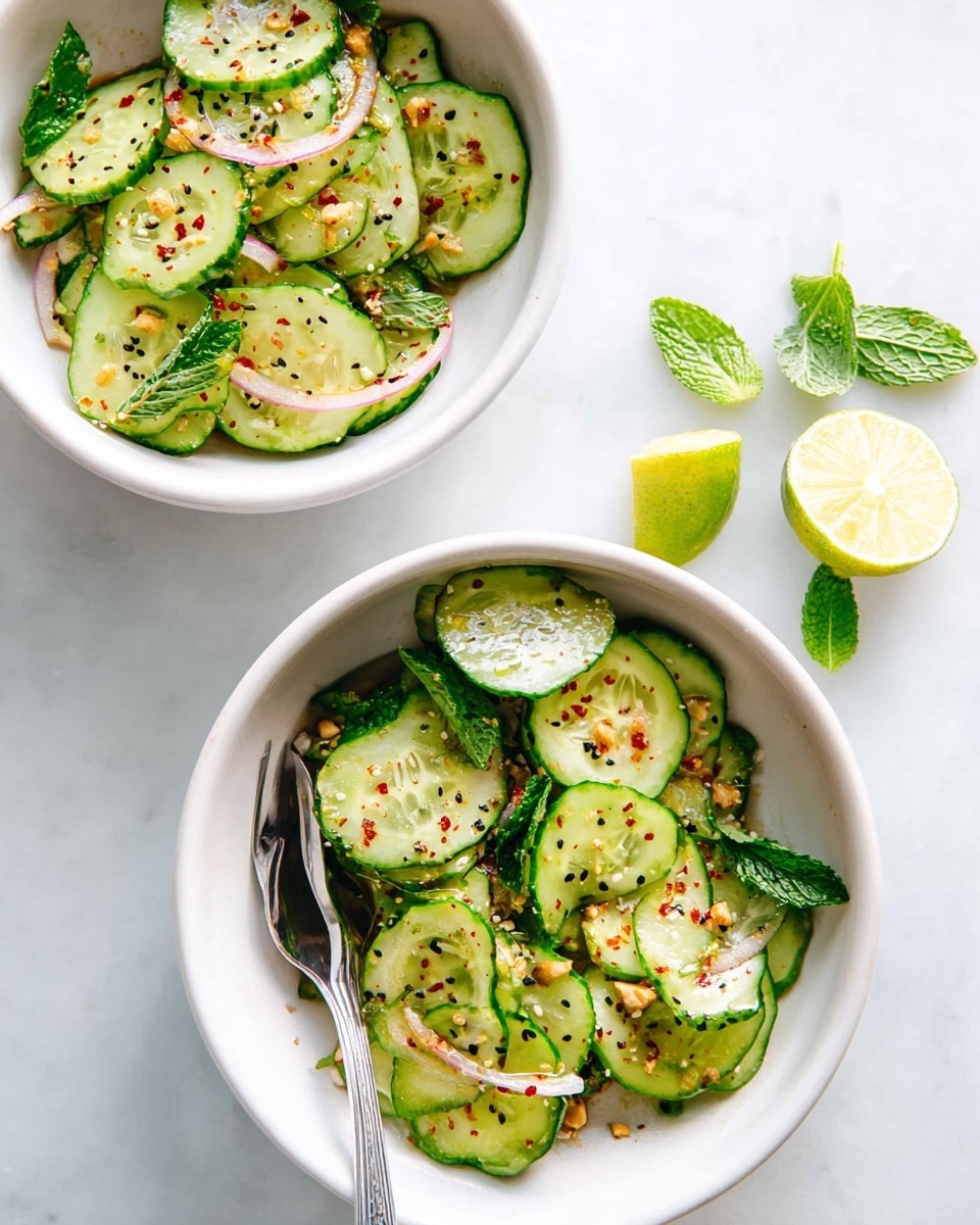 Two white bowls on a white marbled surface hold a fresh cucumber salad. Each bowl contains several thinly sliced cucumber rounds mixed with thin pink onion strips and small green herb leaves, likely mint and cilantro. The salad is sprinkled with crushed nuts, black sesame seeds, and red pepper flakes, adding texture and color contrast. A silver fork rests inside the lower bowl at the right. Two lime wedges with a few mint leaves are placed beside the bowls. The overall image is bright and fresh, with a clean and simple presentation. photo taken with an iphone --ar 4:5 --v 7