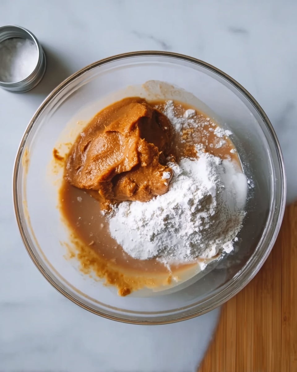 A clear glass bowl on a white marbled surface holds several unmixed ingredients: a smooth orange paste on one side, a pool of light brown liquid spreading around it, a pile of fine white powder partially covering the paste, and some white liquid filling the spaces. The bowl shows a mix of soft and powdery textures, with each ingredient clearly separated within the round shape. In the top left corner, a small round metal container with white powder is partially visible. photo taken with an iphone --ar 4:5 --v 7