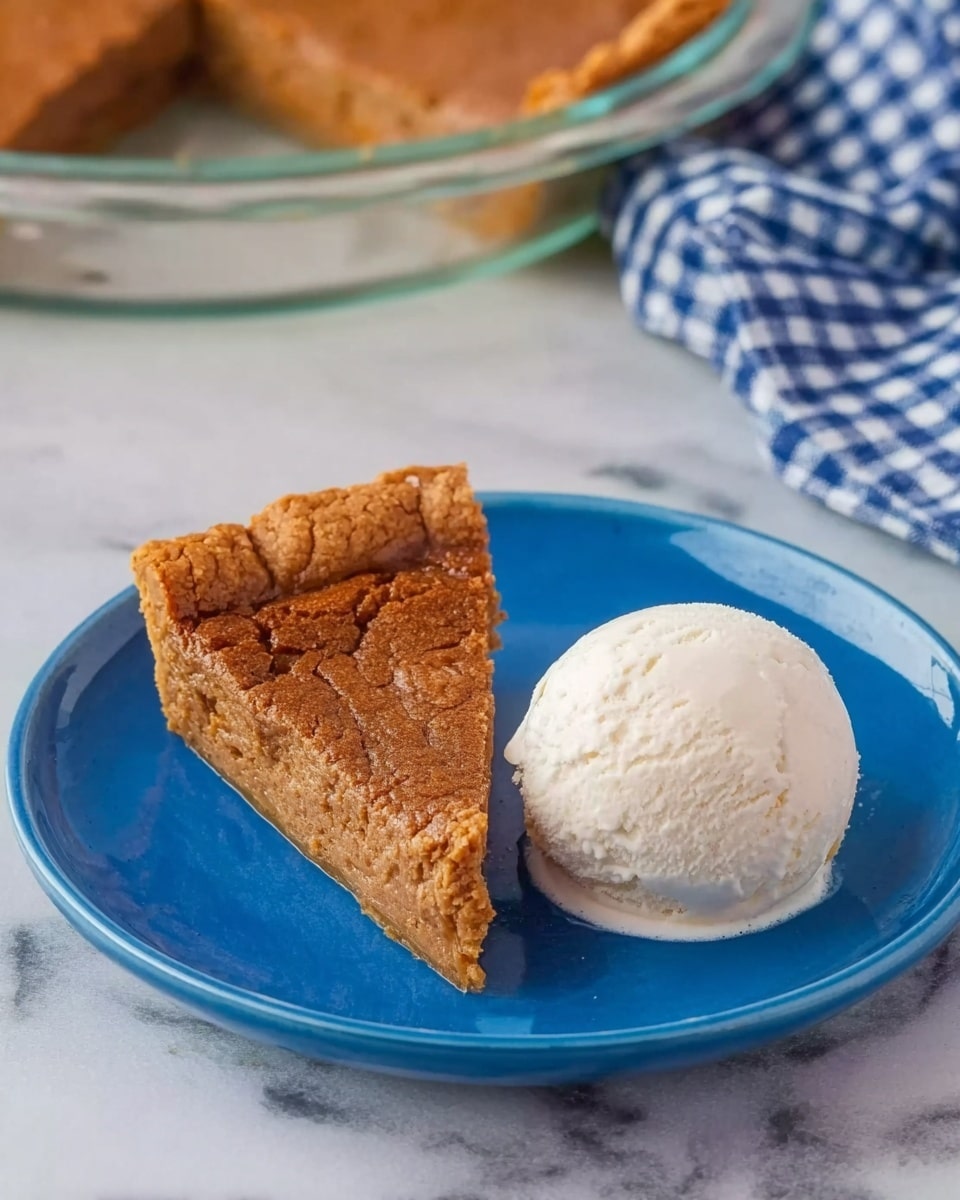 The image shows a blue plate on a white marbled surface with a slice of brown pie that has a cracked, textured surface on the left side of the plate. Next to the pie on the right, there is a smooth round scoop of white ice cream. In the background, there is a clear glass dish with more pie, placed partly on a blue and white checkered cloth. Photo taken with an iphone --ar 4:5 --v 7