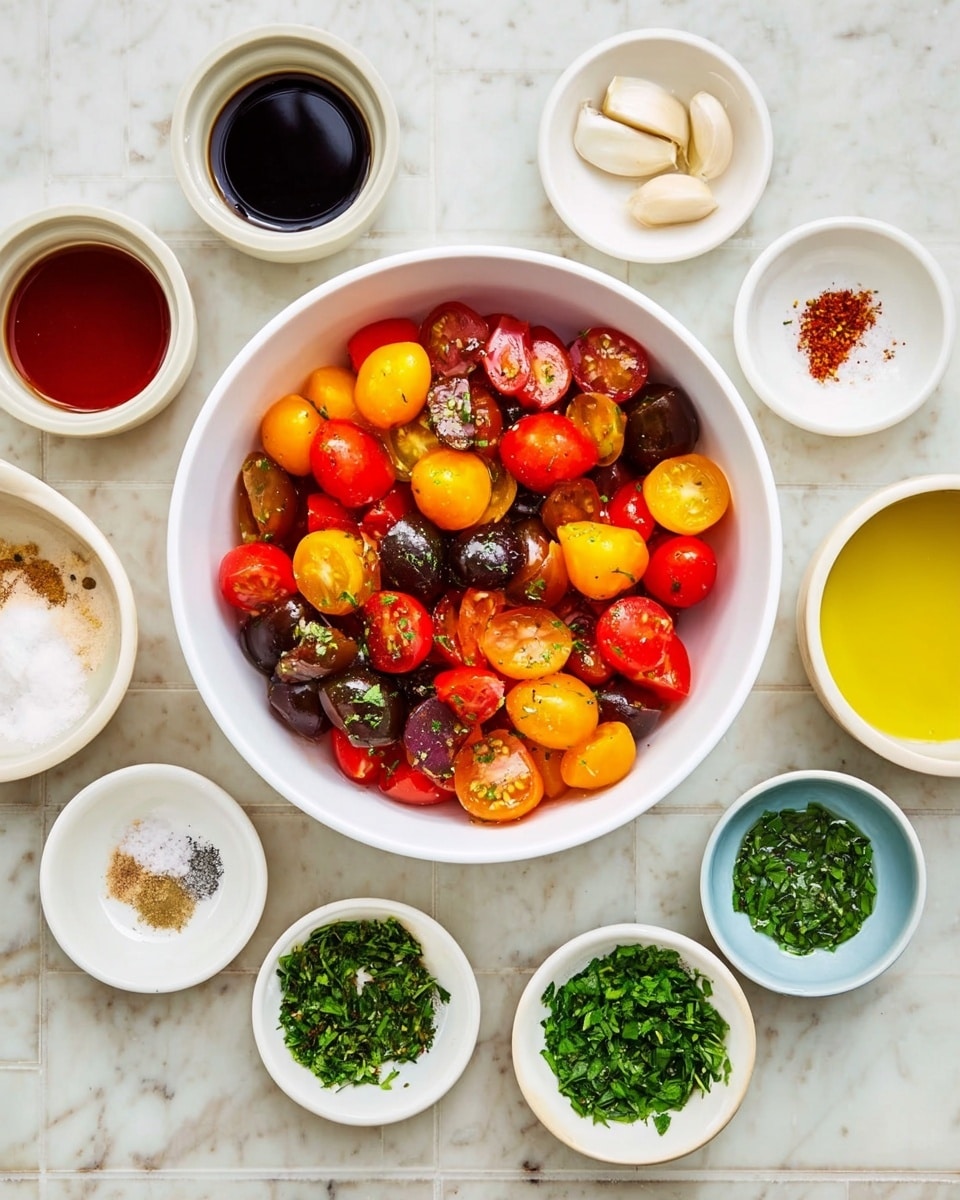 A white bowl filled with bright cherry tomatoes cut in halves, showing red, yellow, and dark purple colors mixed together; the bowl is placed in the center on a white marbled surface. Surrounding it are small white bowls and cups holding different ingredients: at the top left a cup with dark liquid, below it a cup with a red liquid; at the bottom left small bowls with minced garlic, salt, and red pepper flakes; at the top right a small cup with golden olive oil; and to the right of the tomato bowl three small white dishes with chopped green herbs in different shades. The overall scene is bright and colorful with a clean, organized layout. photo taken with an iphone --ar 4:5 --v 7