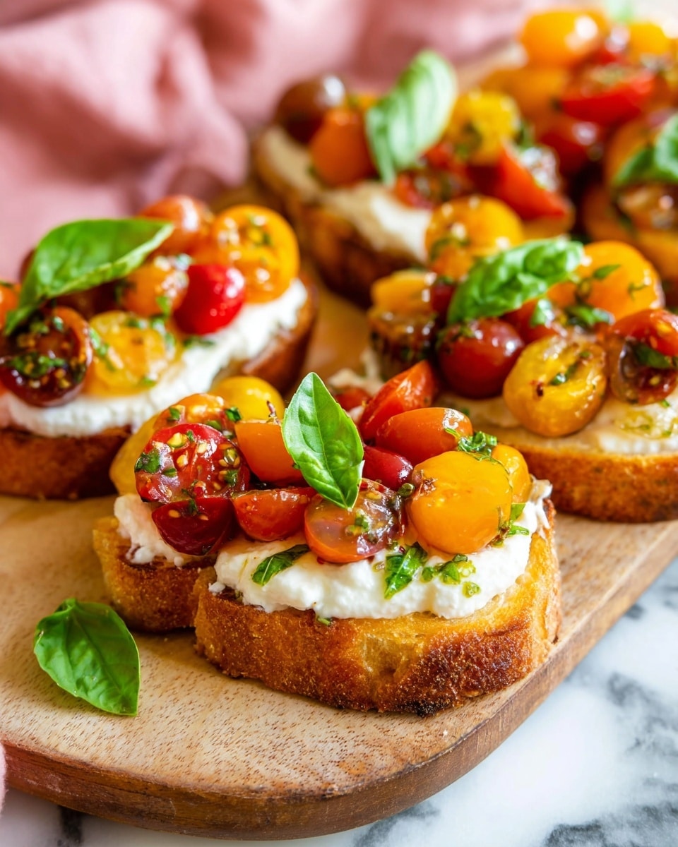 The image shows four pieces of toasted bread topped with three layers: a golden-brown crispy base layer of toast, a thick creamy white spread covering the bread, and a colorful mix of halved cherry tomatoes in red, orange, and yellow with green herbs scattered on top. Each toast is garnished with whole fresh green basil leaves, adding vibrant color and texture. The toasts are placed closely together on a wooden board against a white marbled surface, with a soft pink cloth visible in the background. photo taken with an iphone --ar 4:5 --v 7