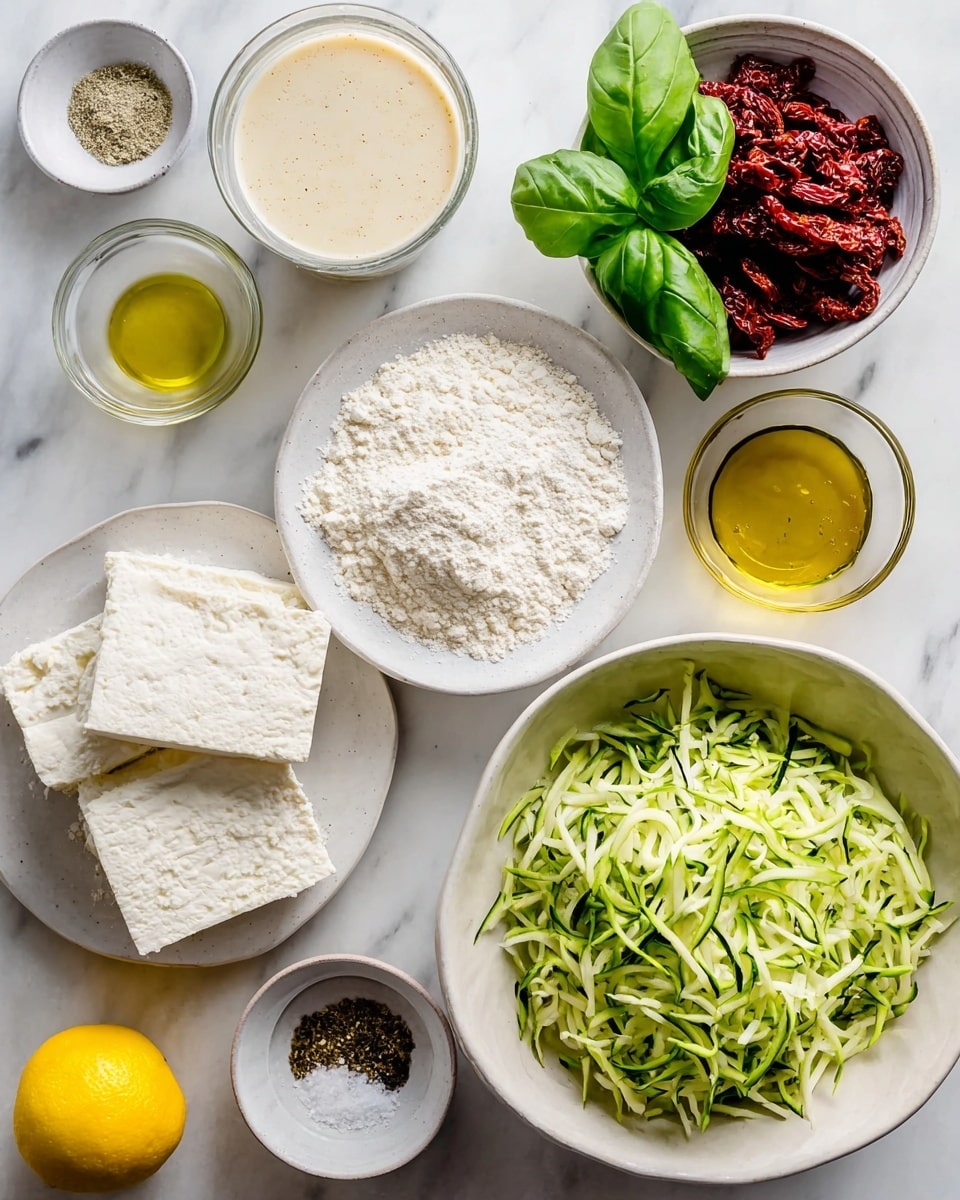 The image shows several white bowls and plates with ingredients arranged on a white marbled surface. One large bowl on the right contains shredded green zucchini with a fresh, moist texture. Below it is another large bowl filled with fine white flour. To the left, a white plate holds two white blocks of soft cheese, stacked on each other. Above that plate, a clear glass holds a creamy beige liquid, possibly a plant-based milk. Next to it, a small white bowl contains dark red dried tomatoes. Above this bowl, fresh green basil leaves add color and freshness to the scene. To the right of the basil, a small glass jar holds golden yellow oil. At the top left corner is a small white bowl divided into three sections with white salt, black pepper, and dried herbs. A single yellow lemon with a bright texture is placed near the center of the image. photo taken with an iphone --ar 4:5 --v 7