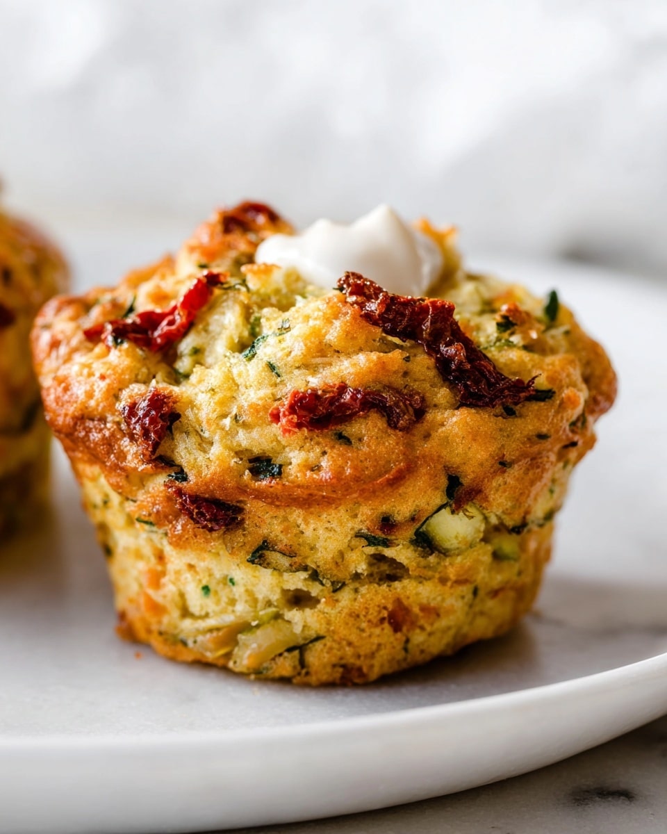 A single savory muffin sits on a white plate with a white marbled texture background. The muffin has three visible layers: the base is golden brown and slightly rough, showing small bits of green herbs; the middle layer is lighter golden with green and red pieces, likely vegetables, baked evenly throughout; the top layer is a bit puffy with sun-dried tomato pieces embedded, and a small dollop of white creamy sauce on one side. The texture looks soft but firm, with some crisp edges around the muffin's top. Photo taken with an iphone --ar 4:5 --v 7