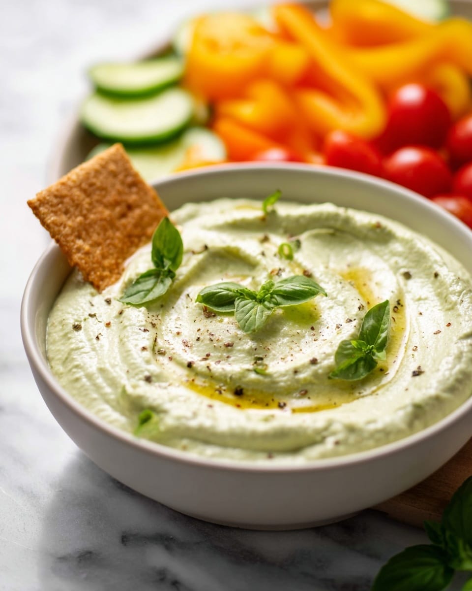 A white bowl filled with a thick, creamy dip that is pale green with a smooth, slightly textured surface featuring swirling patterns. On top, there are small drops of golden oil and scattered fresh green basil leaves, along with a light sprinkle of black pepper. One light brown cracker is partly dipped into the cream on the left side of the bowl. In the blurred background, there are bright orange and yellow mini bell peppers, red cherry tomatoes, and some sliced cucumbers arranged on a white marbled surface. photo taken with an iphone --ar 4:5 --v 7