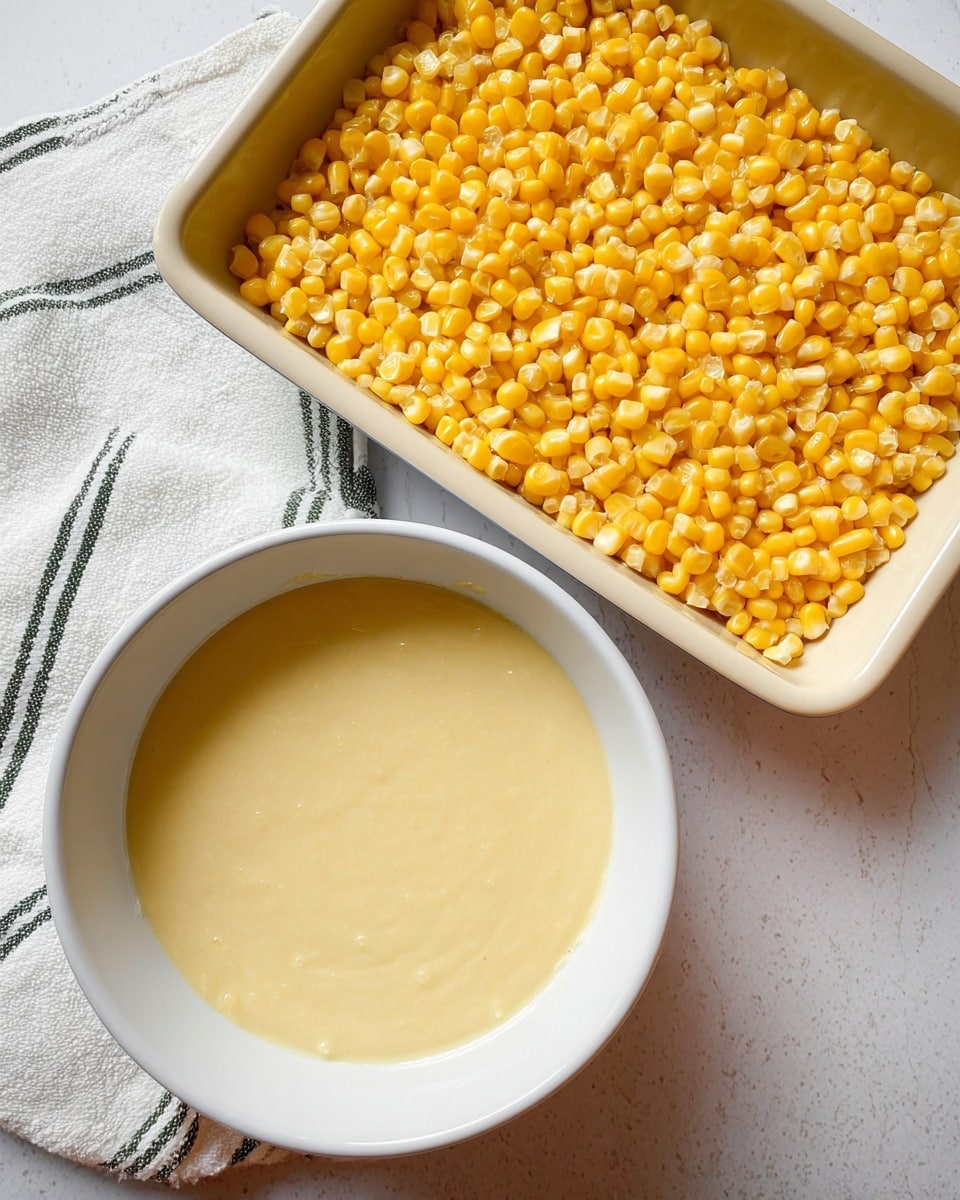 The image shows two white bowls on a white marbled surface with a towel that has green stripes underneath. The first bowl, positioned bottom center, holds a smooth, creamy pale yellow batter that fills most of the bowl. The second bowl, positioned upper right, is rectangular and filled with bright yellow cooked corn kernels, tightly packed and shiny, covering the entire bowl surface. The scene is well lit, highlighting the texture and colors of the corn and batter. Photo taken with an iphone --ar 4:5 --v 7
