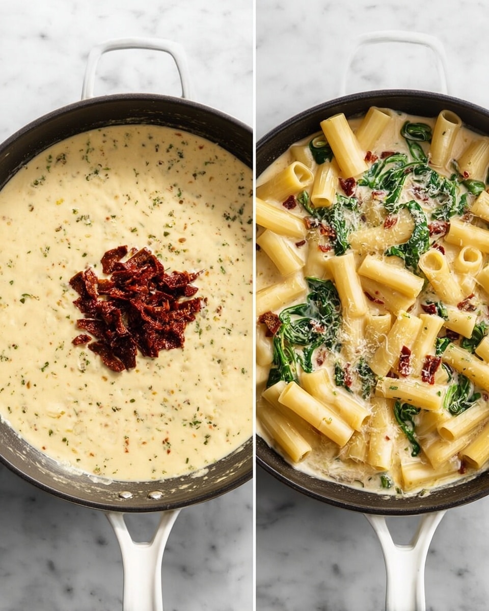 A white-handled black pan sits on a white marbled surface, holding a creamy sauce with a smooth, light yellow texture mixed with herbs, topped with a small mound of dark red sun-dried tomatoes in the center. The second image shows the same pan filled with the creamy sauce now containing visible wilted green spinach leaves, scattered sun-dried tomatoes, and topped with an even layer of pale yellow tube pasta resting evenly over the sauce and greens. photo taken with an iphone --ar 4:5 --v 7