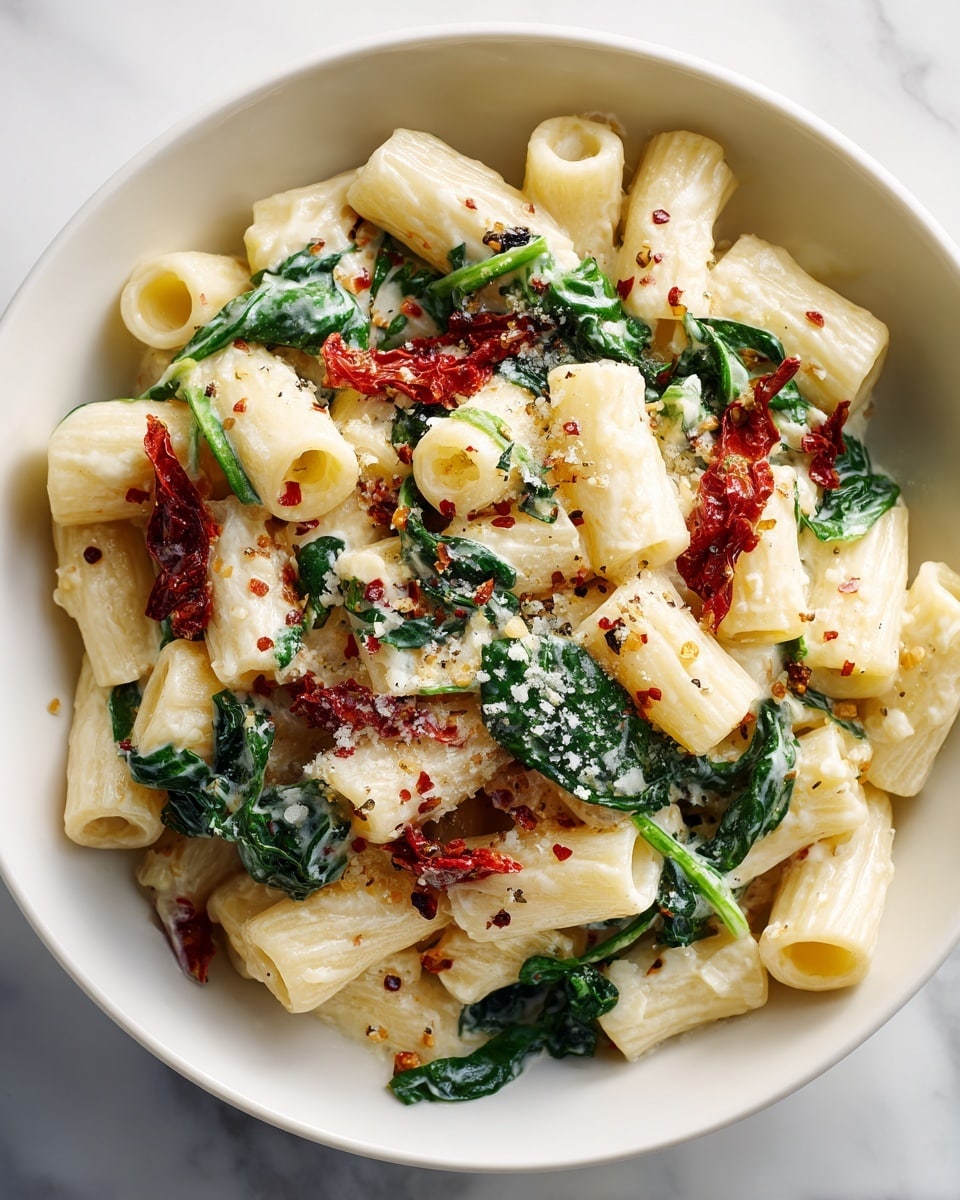 The dish shows a bowl filled with short tube-shaped pasta, creamy white sauce coating each piece. Mixed throughout are bright green spinach leaves and strips of reddish-brown sun-dried tomatoes. The pasta and sauce look smooth and glossy, sprinkled with finely grated pale yellow cheese and small black pepper flakes. The bowl is white and sits on a white marbled surface. photo taken with an iphone --ar 4:5 --v 7