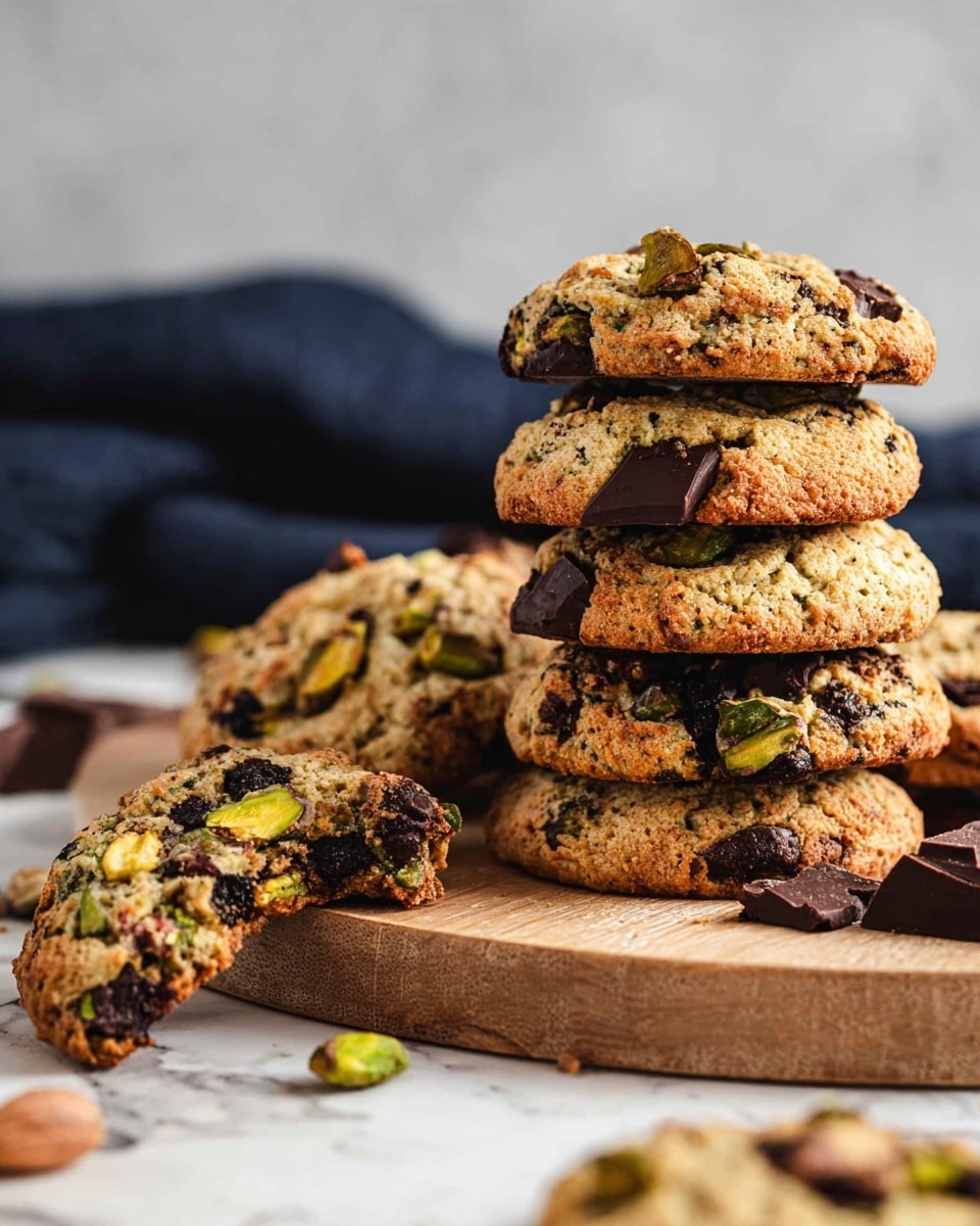 A stack of about eight chunky cookies sits slightly off-center on a round wooden board placed on a white marbled surface. The cookies are thick and golden brown with a rough, cracked texture, embedded with large, dark chocolate chunks and sprinkled with green pistachio pieces. The foreground features a single cookie lying flat, showing its uneven surface with prominent chocolate and pistachio bits. Scattered around the board and cookie are rough chocolate pieces and whole pistachio nuts, adding color contrast. In the blurred background, a dark navy cloth adds depth and softness to the scene. photo taken with an iphone --ar 4:5 --v 7