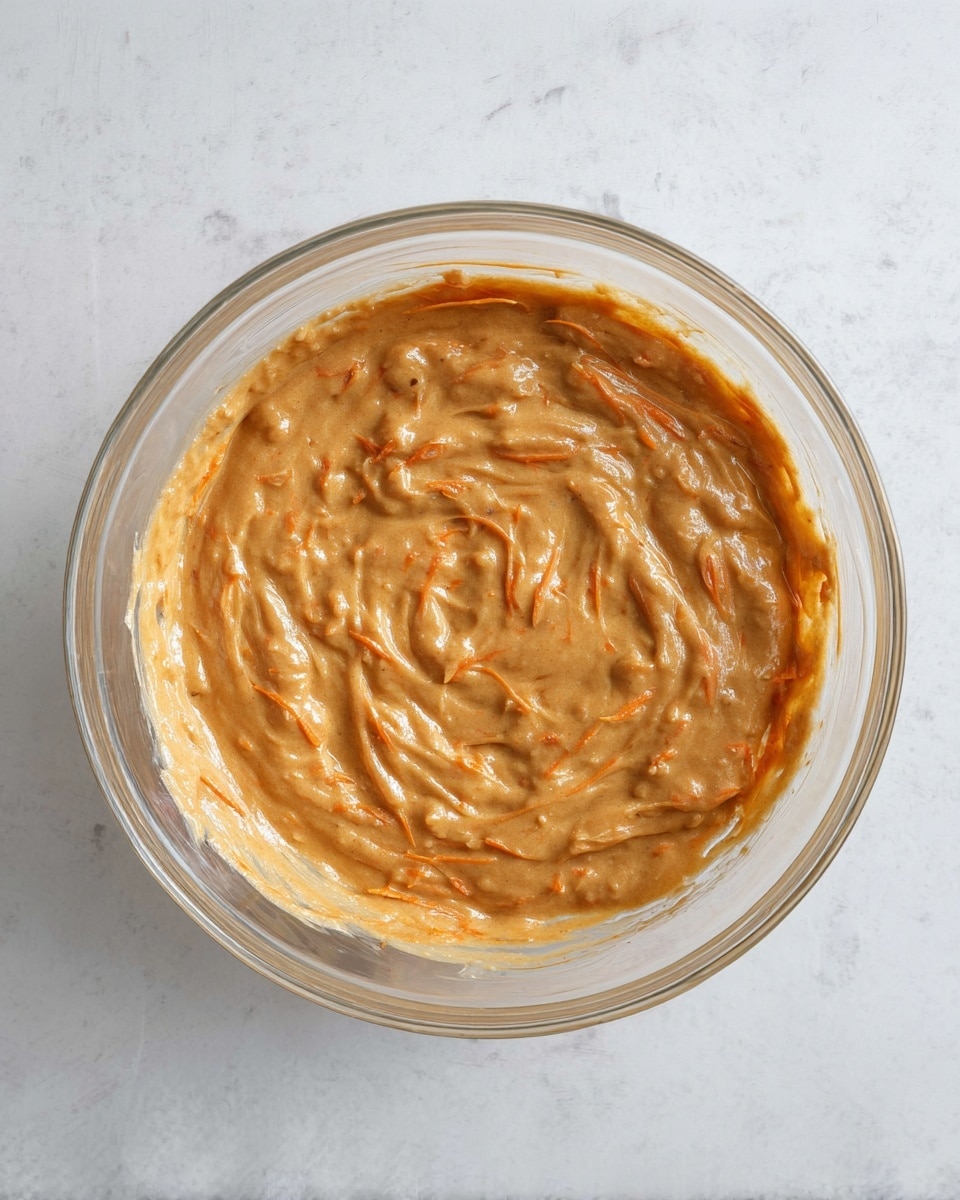 A clear glass bowl filled with light brown, thick batter mixed with visible orange shreds of carrot throughout, showing a creamy texture with small lumps and swirls on the surface. The bowl sits on a white marbled textured surface. photo taken with an iphone --ar 4:5 --v 7