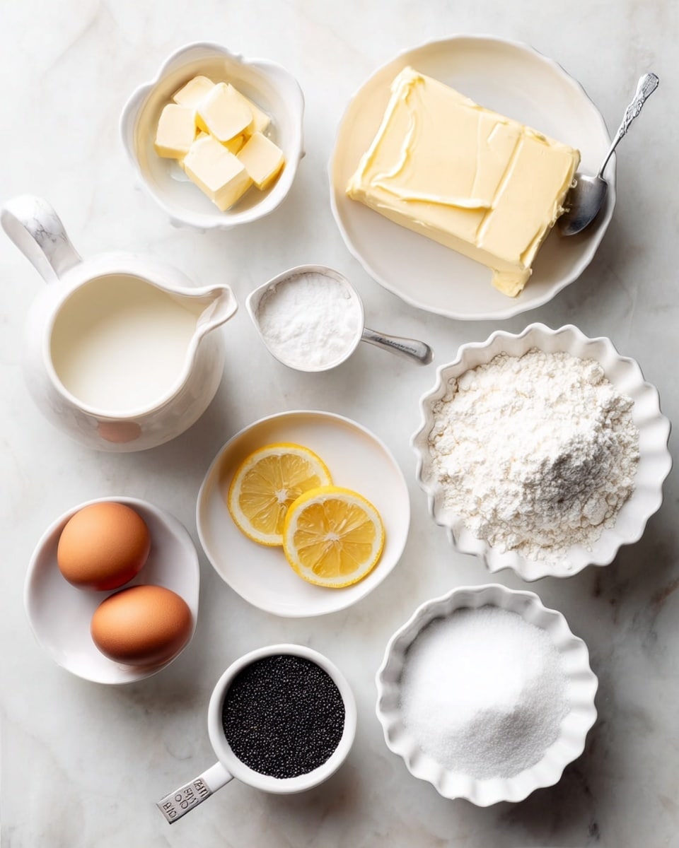 The image shows various baking ingredients neatly arranged on a white marbled surface. In the center top is a white bowl with one large block of butter and four smaller blocks. To the left of it is a small white jug filled with milk and below that, a white bowl with a smooth, creamy white ingredient. To the right of the butter is a fluted white bowl filled with white flour. Below that, a small white bowl holds a white powder with a tiny silver spoon resting inside. Near the middle, a small white cup contains two lemon slices. Below that is a white scalloped bowl filled with black poppy seeds. Toward the bottom left are two brown eggs, one loose and two in a white measuring cup. At the bottom right is a white bowl filled with white sugar. The light is bright and soft. photo taken with an iphone --ar 4:5 --v 7