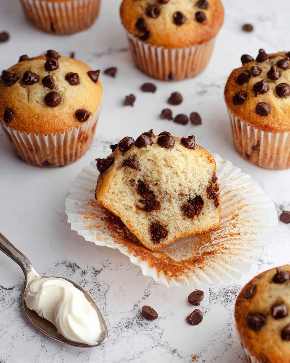 The image shows several chocolate chip muffins scattered on a white marbled surface. The muffins have a light golden brown top with many small, dark chocolate chips sprinkled on them. One muffin is in the center with its white paper wrapper partially peeled away, revealing the soft and moist inside filled with melted chocolate chips. Some chocolate chips are also scattered loosely on the surface nearby. A silver spoon with a small swirl of white cream rests in the lower left corner of the image. The photo taken with an iphone --ar 4:5 --v 7