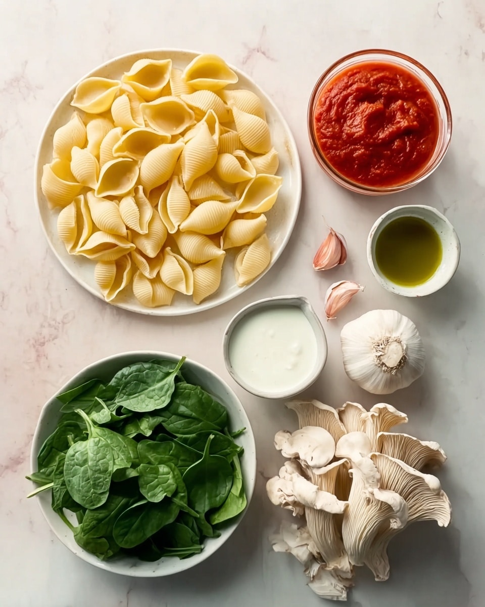 A white plate filled with large yellow pasta shells is placed on a white marbled surface. Nearby, a clear glass bowl contains bright red tomato sauce. Below it, a white bowl holds fresh, green spinach leaves. To the right of the spinach, a cluster of light beige oyster mushrooms rests on the surface. Above the mushrooms, there is a small white dish with white salt and two garlic cloves beside a red onion. A small white pitcher with green olive oil is placed near the onion. A small glass jar of white cream is near the spinach. photo taken with an iphone --ar 4:5 --v 7