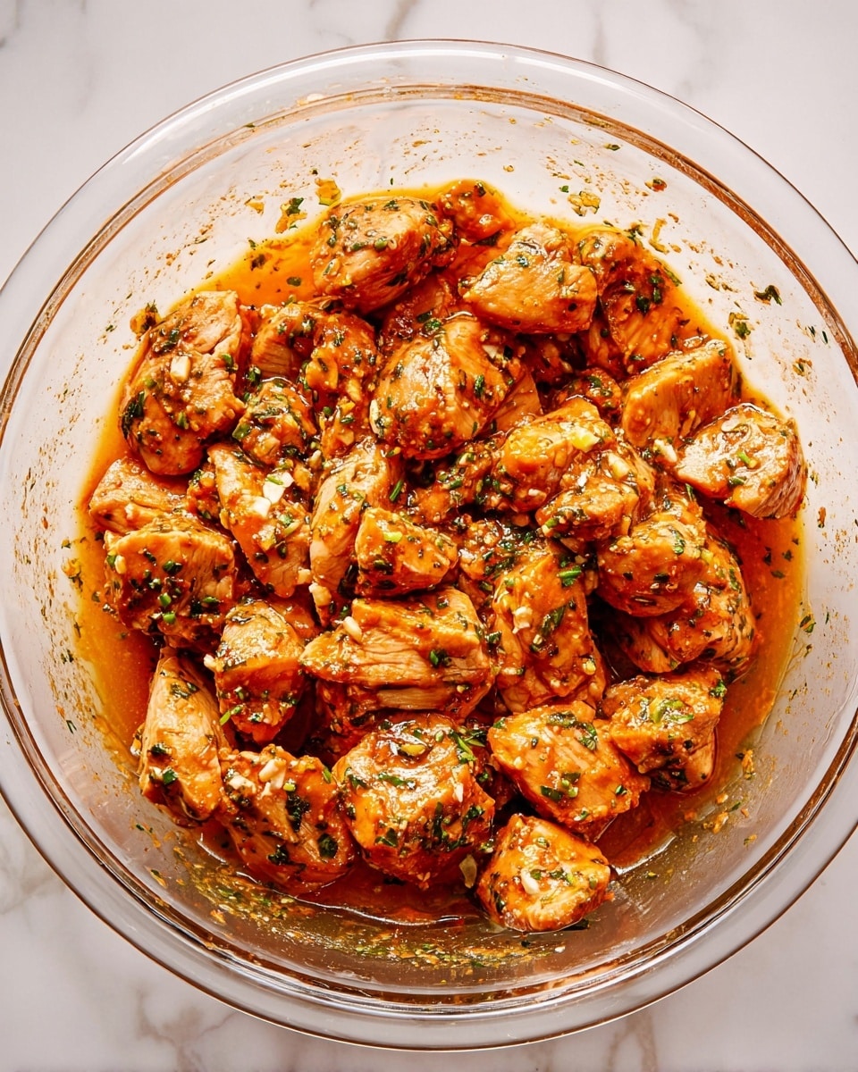 A clear glass bowl filled with about 30 pieces of raw chicken marinated in a thick, orange-red sauce with visible herbs and spices evenly coating each piece; small bits of green herbs and light garlic bits are sprinkled on and mixed throughout the chicken chunks; the bowl sits on a white marbled surface, and the sauce has a slightly oily sheen, pooling around the chicken pieces. photo taken with an iphone --ar 4:5 --v 7