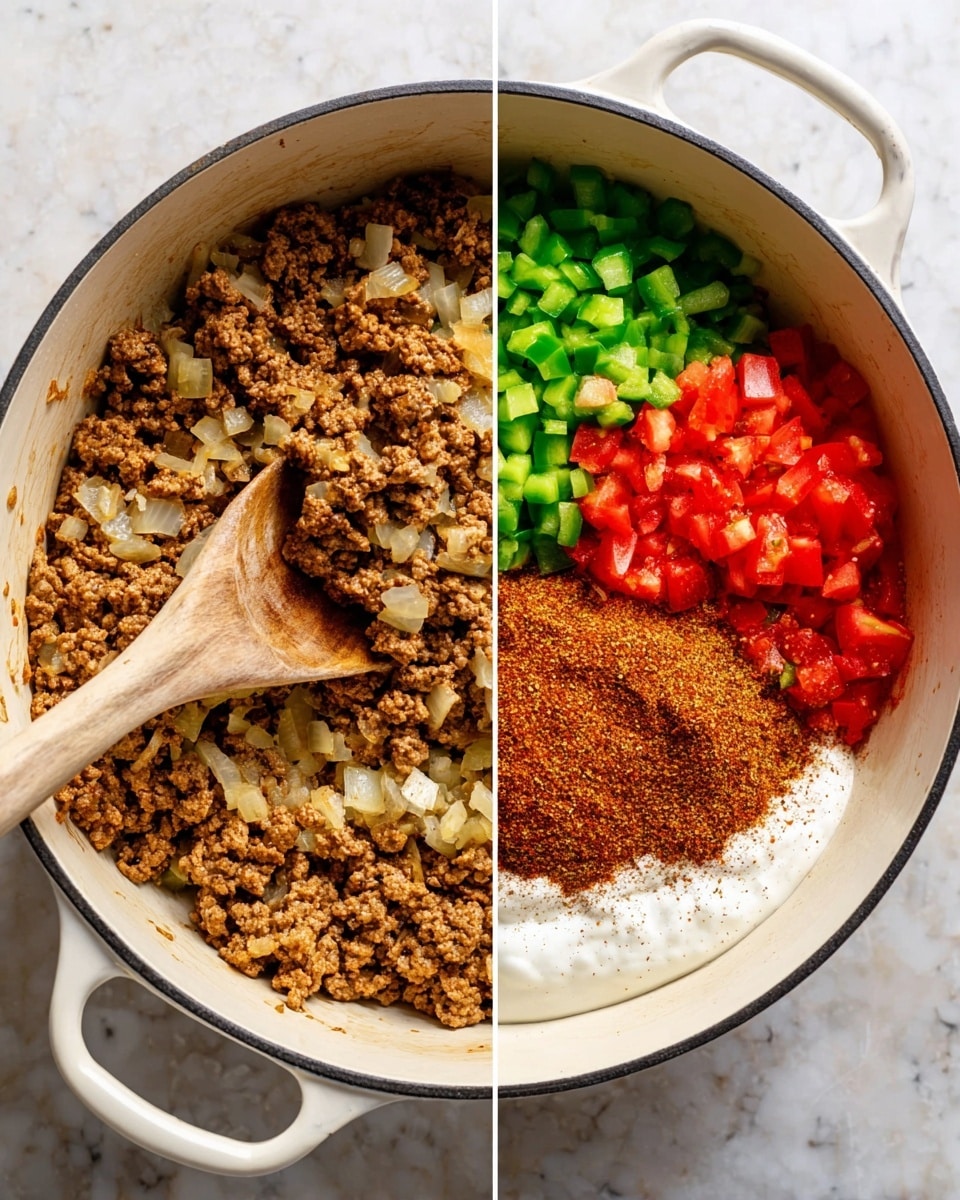 The image shows two top-down views of a large white pot on a white marbled surface. In the left part, the pot holds cooked ground meat mixed with small pieces of translucent cooked onion, all brownish and crumbly with a wooden spoon resting on top. In the right part, fresh chopped green bell pepper pieces are added on the top left side of the pot, bright red chopped tomatoes on the top right, a dollop of white cream or sour cream near the bottom center, and a large mound of reddish-brown spices piled on top near the center, all sitting on the bed of cooked meat with the wooden spoon resting inside the pot. Photo taken with an iphone --ar 4:5 --v 7