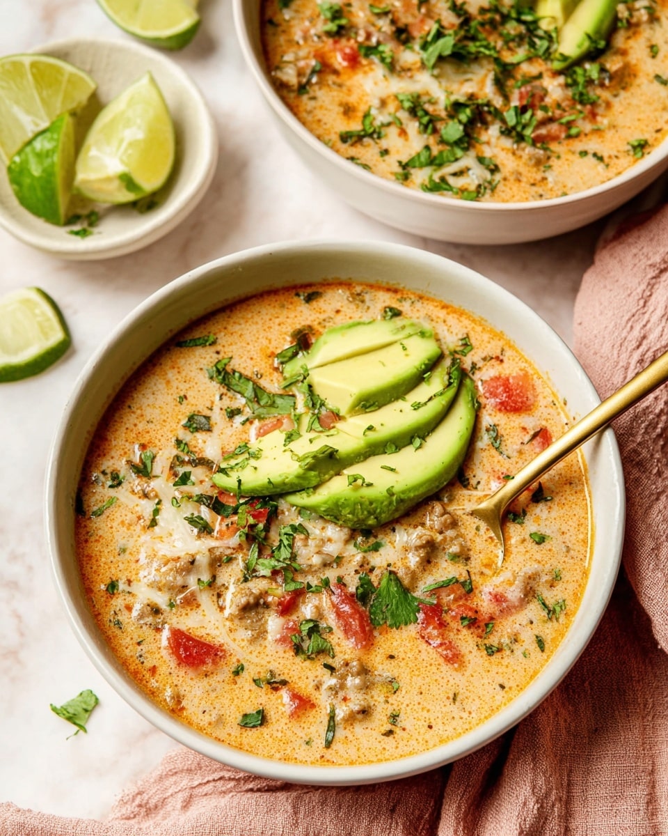 The image shows two white bowls filled with a creamy soup that has a light orange color with bits of red tomatoes, green herbs, and meat scattered throughout. On top of the soup in the front bowl, there are several slices of bright green avocado, fresh chopped green herbs, and a wedge of lime placed near the edge of the bowl. A gold spoon rests inside this front bowl, slightly dipping into the soup. The bowls are placed on a white marbled surface with a soft, light-pink cloth underneath one bowl and a small white bowl with lime wedges nearby. The overall look is fresh and vibrant, with a cozy and inviting feel. photo taken with an iphone --ar 4:5 --v 7