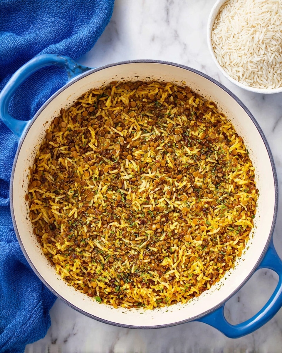 A large white pot with blue handles holds a mix of cooked lentils and yellowish rice, combined with small green herbs and spices scattered evenly throughout. The lentils are light brown and soft, blending with the long grain white rice that has absorbed a golden-yellow color from the spices. The mixture has a soft, slightly fluffy texture with visible grains and small pieces of herbs, all sitting on a white marbled surface. To the upper right is a small white bowl filled with uncooked white rice, and a blue cloth is placed to the left side of the pot. photo taken with an iphone --ar 4:5 --v 7