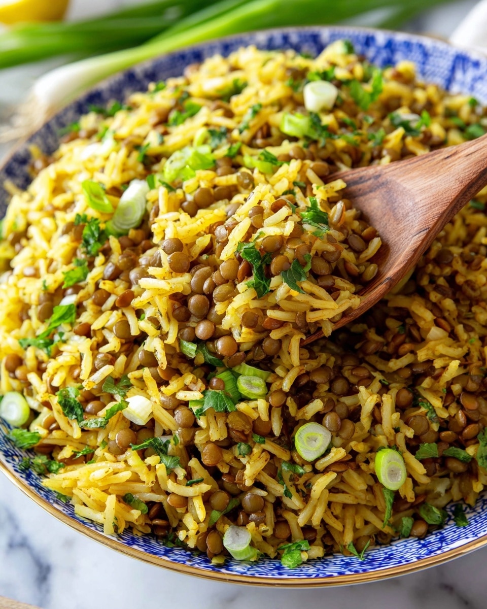A close-up of a bowl filled with yellowish cooked rice mixed with small brown lentils and bits of green herbs, mostly parsley and sliced green onions. The rice and lentils are evenly mixed, showing a grainy and soft texture, with the green herbs scattered throughout the top creating bright pops of color. A wooden spoon lifts a portion of this mixture from the middle of the bowl. The bowl itself is white with a blue patterned rim and it sits on a white marbled surface with some green onion stalks partially visible in the background. photo taken with an iphone --ar 4:5 --v 7