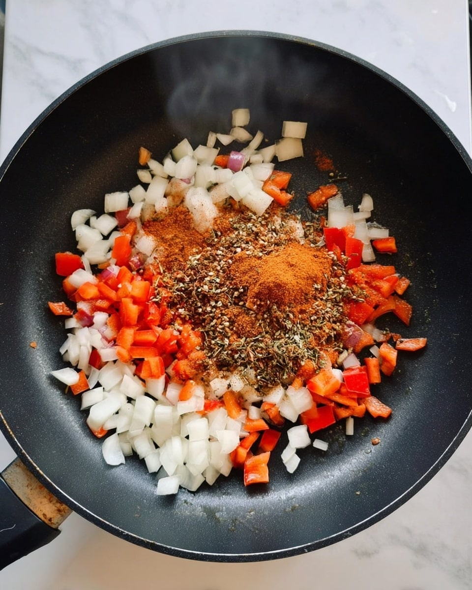 The image shows a black frying pan on a white stove with a white marbled surface underneath. Inside the pan, there are chopped vegetables arranged loosely around the edges in a rough circle: small white onion pieces, bright red pieces of bell pepper, and a small amount of diced garlic. In the center of the pan, there is a heap of various brownish-red spices and herbs with different textures and shades. Some steam rises lightly from the pan, giving a warm cooking feel. Photo taken with an iphone --ar 4:5 --v 7