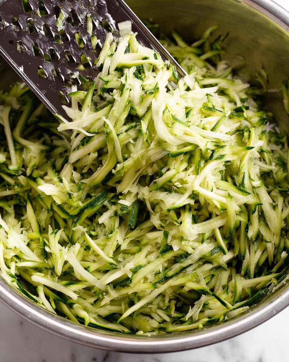 A close-up view of a large silver metal bowl filled with thin, shredded green zucchini with white inner flesh showing, with uneven pale and dark green strips mixed throughout. A metal grater with a dark handle is positioned above the shredded zucchini, showing the same shredded texture stuck to it. The scene rests on a white marbled surface, focusing on the fresh, moist texture of the shredded zucchini. photo taken with an iphone --ar 4:5 --v 7