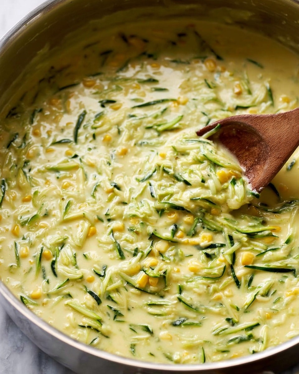 A close-up image of a creamy mixture in a silver pot, showing two main layers: a thick pale yellow sauce that fills most of the space and a mix of shredded green zucchini and bright yellow corn kernels scattered evenly throughout. A wooden spoon is partially submerged on the right side, lifting some of the creamy mixture, with visible texture from the soft vegetables. The background surface is white marble, and the overall look is rich and smooth with small bits of veggies giving it a chunky texture. Photo taken with an iphone --ar 4:5 --v 7