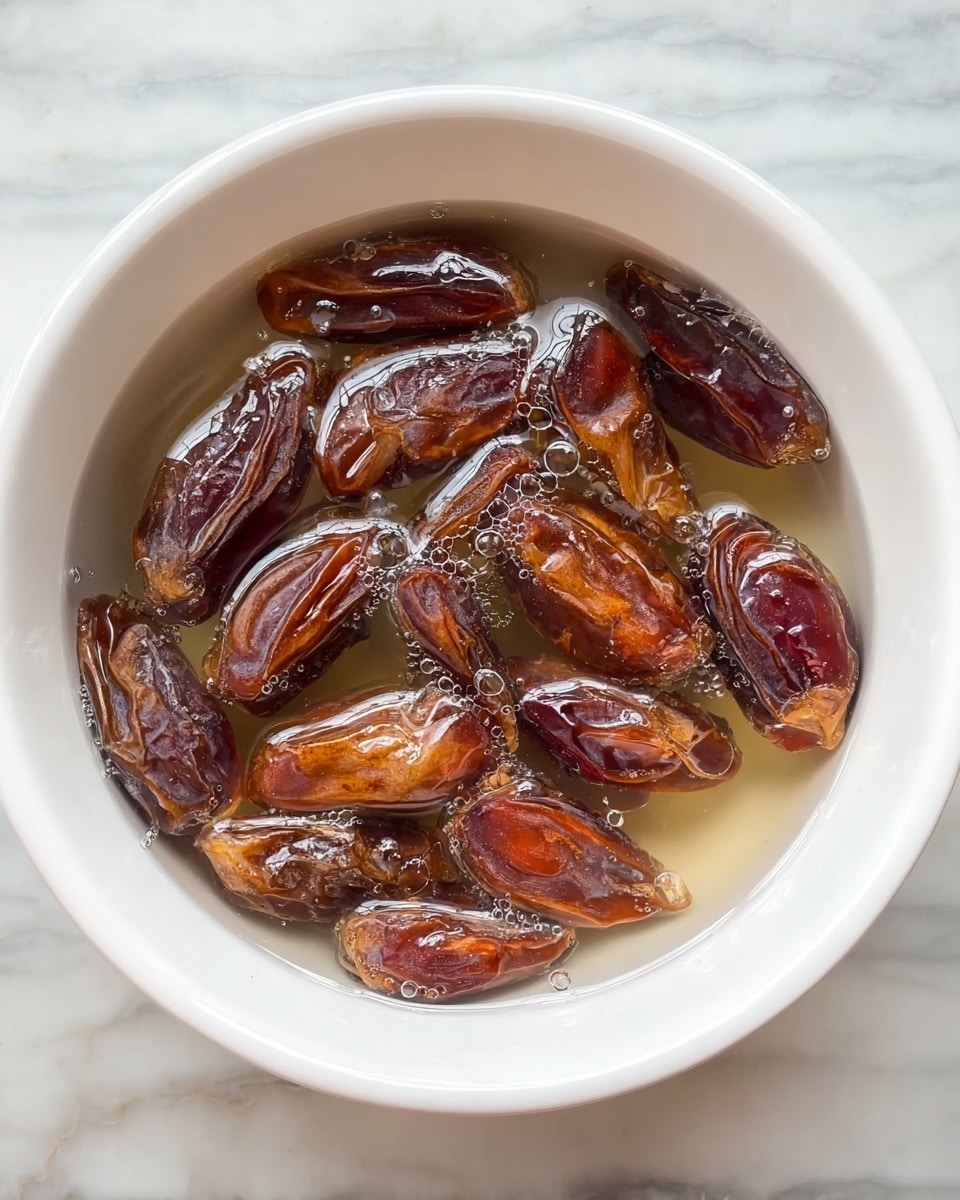A white bowl filled with brown dried date pieces soaked in water. The dates have a shiny surface with slightly wrinkled textures, floating in clear water that shows small bubbles on the surface. The bowl is set on a white marbled texture. photo taken with an iphone --ar 4:5 --v 7