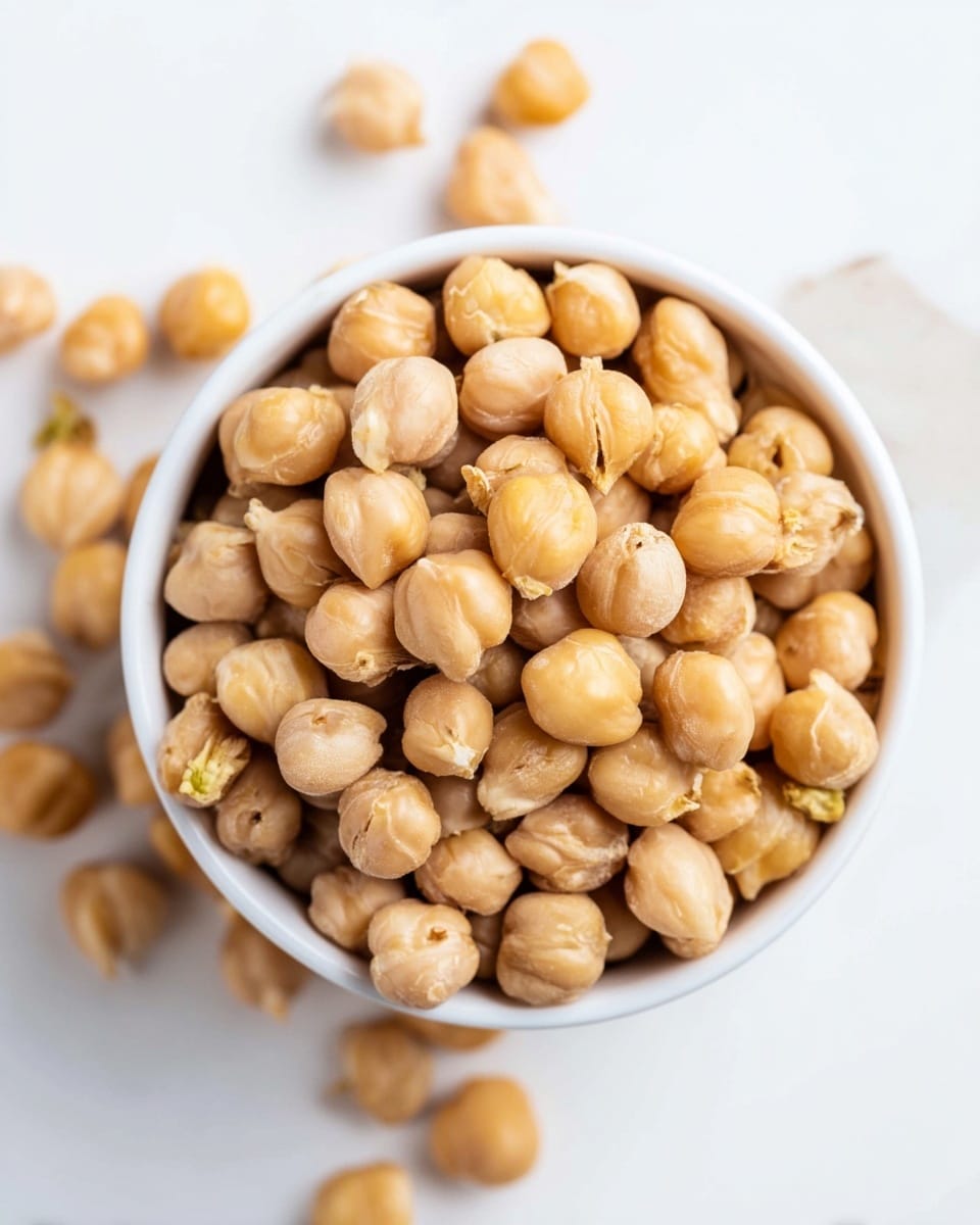 A close-up image of a white bowl filled with cooked chickpeas. The chickpeas are light beige with a smooth, slightly wrinkled texture. Some chickpeas show small cracks or splits, revealing a soft interior. Around the bowl, a few loose chickpeas are scattered on a white marbled surface, creating a natural, casual look. The bowl is centered in the image with the chickpeas filling it almost to the top. Photo taken with an iphone --ar 4:5 --v 7