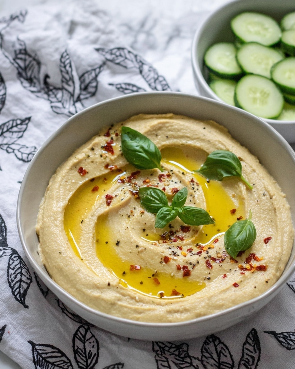 The image shows a bowl of creamy beige hummus with a smooth, slightly swirled texture filling the bowl. On top, there are four pools of golden olive oil spread unevenly. Small red chili flakes and coarse black pepper are sprinkled lightly over the hummus. Three green basil leaves are placed on top, adding contrast. Behind the bowl, a white bowl holds several thin green cucumber slices and is out of focus. The bowls rest on a white cloth with a black leaf pattern on a white marbled surface. photo taken with an iphone --ar 4:5 --v 7