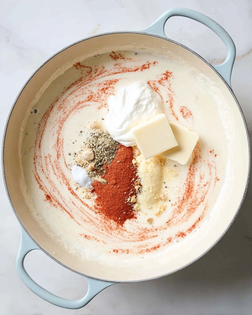 A round white pan with a light blue handle is filled with a creamy white sauce base. On top, there are two thick cream-colored squares of butter, a dollop of thick white sour cream, and a row of layered spices in the center including bright red paprika, coarse black pepper, fine white salt, and pale yellow ground ginger. The creamy sauce has light swirls of the red paprika powder spreading gently around the pan, creating a soft marbled effect. The pan sits on a clean white marbled surface photo taken with an iphone --ar 4:5 --v 7