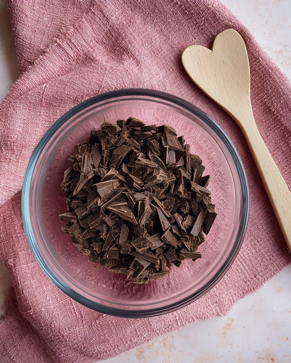 A clear glass bowl filled with uneven pieces of dark brown chopped chocolate sits on a textured dusty rose cloth. The bowl and cloth rest on a white marbled surface. To the top right, a light wooden spoon with a heart-shaped cutout lies flat on the surface. The image has soft, natural lighting and shows a simple baking setup photo taken with an iphone --ar 4:5 --v 7