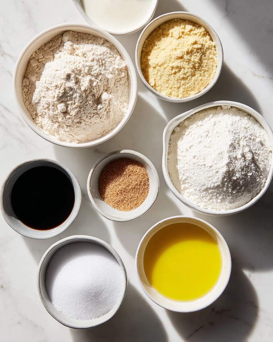 Seven white bowls hold different ingredients on a white marbled surface, arranged in a loose circle. The top left bowl is filled with light beige flour with a rough texture. To its right, a bowl with light yellow flour that looks grainy and clumpy. Below that, a small bowl holds a thick black liquid, smooth and shiny. At the bottom right, a bowl with bright yellow oil showing a slick surface. Next to it, a tiny bowl contains white coarse salt. Above this, a bowl filled with white powdered sugar has a soft and fluffy look. To the left, a small bowl contains granulated light brown sugar. The center holds a bowl with smooth white milk. All bowls are white and round. The light casts soft shadows, giving a natural look. Photo taken with an iphone --ar 4:5 --v 7
