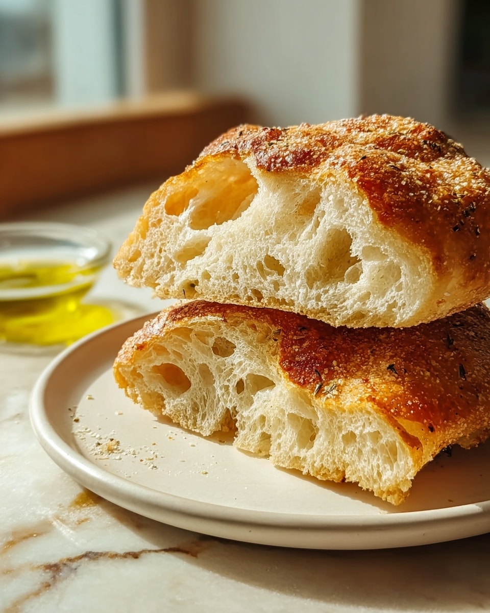 Two pieces of bread stacked on a white plate are shown on a white marbled surface. The bread has a crispy golden-brown crust sprinkled lightly with salt and herbs, while the inside looks soft and airy with many holes. In the background, a small bowl with yellow olive oil is visible near a window with a soft light. The overall scene shows warm tones and a cozy setting. photo taken with an iphone --ar 4:5 --v 7
