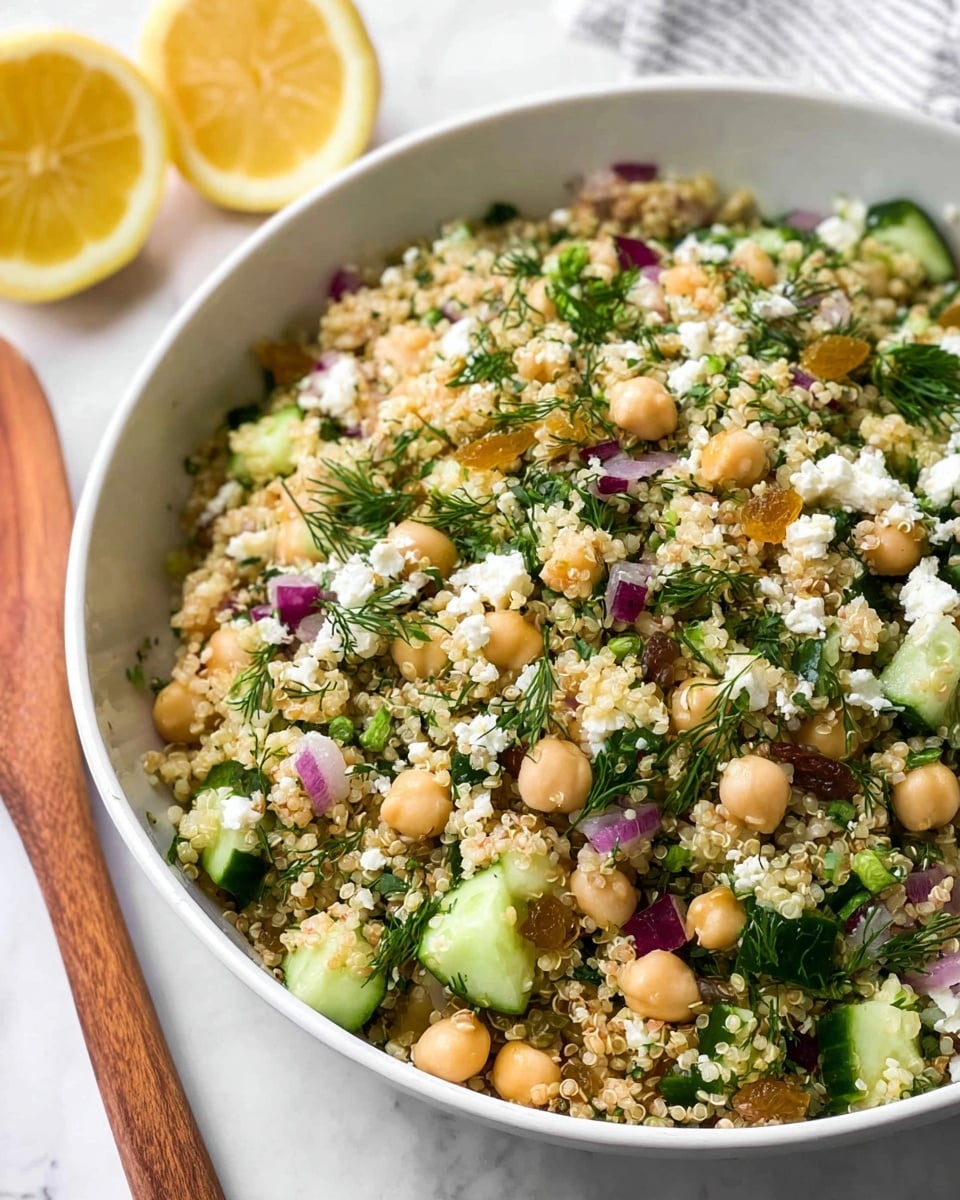 The image shows a close-up of a white bowl filled with a colorful quinoa salad. The salad has three main layers visible: a base layer of fluffy light beige quinoa, mixed with chunks of light green cucumber and small round tan chickpeas scattered throughout. Finely chopped pieces of red onion add purple spots, while bright green herbs and dill sprigs are spread evenly on top. There are also small crumbles of white cheese and a few golden raisins mixed in, giving texture and color contrast. The bowl sits on a white marbled surface, with a wooden spoon partially visible next to it. In the background, two lemon halves add a bright yellow accent. photo taken with an iphone --ar 4:5 --v 7