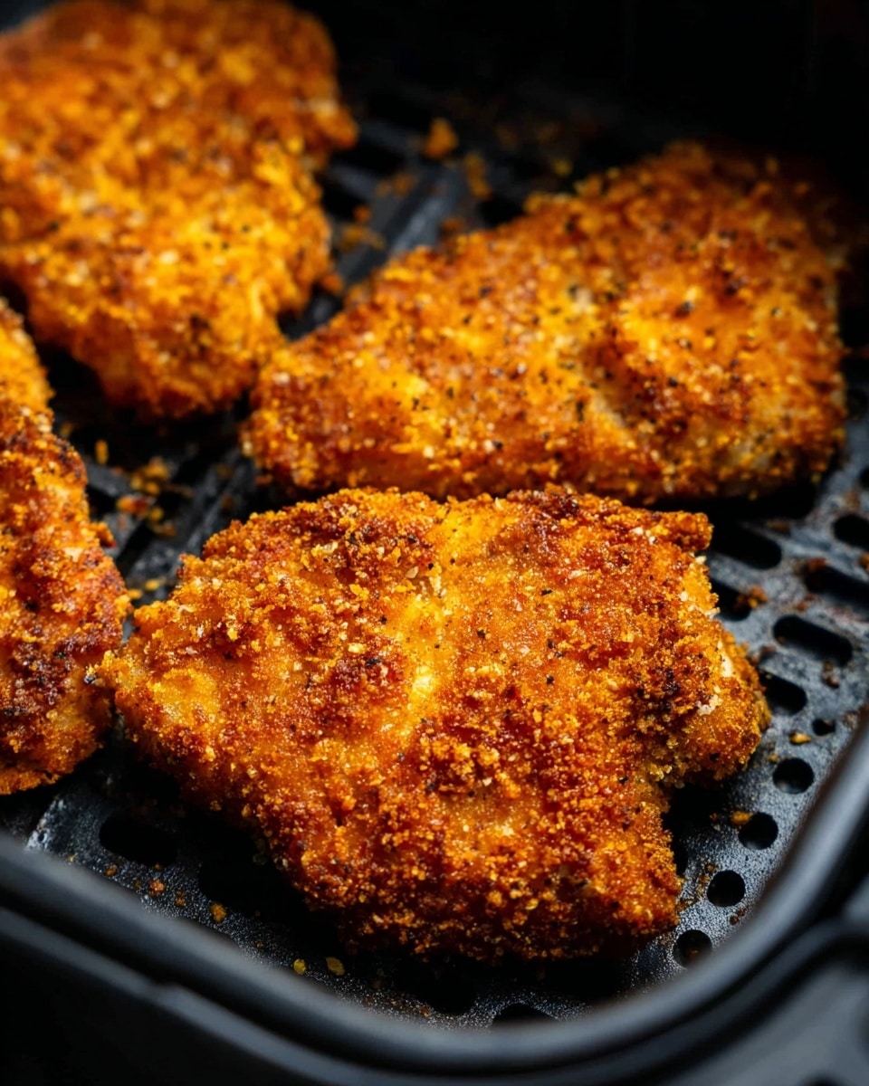 A close-up view of three pieces of crispy breaded chicken with a golden-brown and crunchy texture, placed inside a black air fryer tray with a grid pattern, showing small crumbs scattered around. The chicken pieces have uneven, rough surfaces with a mix of darker and lighter orange-brown shades indicating a well-cooked crust. The background is the dark interior of the air fryer unit. photo taken with an iphone --ar 4:5 --v 7