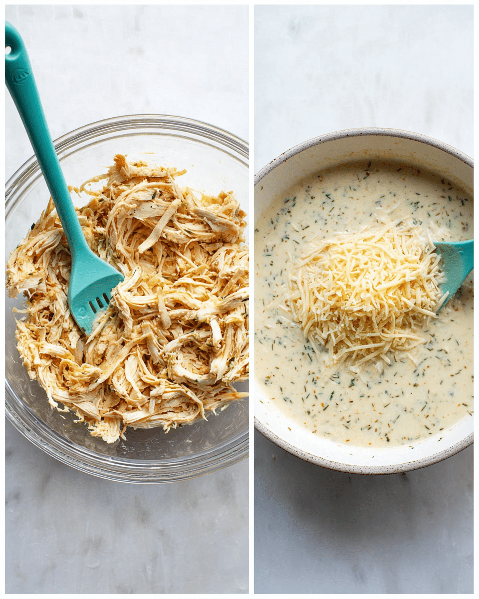 The image shows two side-by-side scenes on a white marbled surface. On the left, a clear round bowl contains several layers of shredded light brown chicken mixed with thin, pale yellow shredded cheese, stirred together with a teal spatula placed inside the bowl. On the right, a shallow white pan has a thick creamy off-white sauce base with herbs mixed throughout, with a layer of shredded pale yellow cheese partially mixed in, and a teal spatula resting inside the pan. photo taken with an iphone --ar 4:5 --v 7