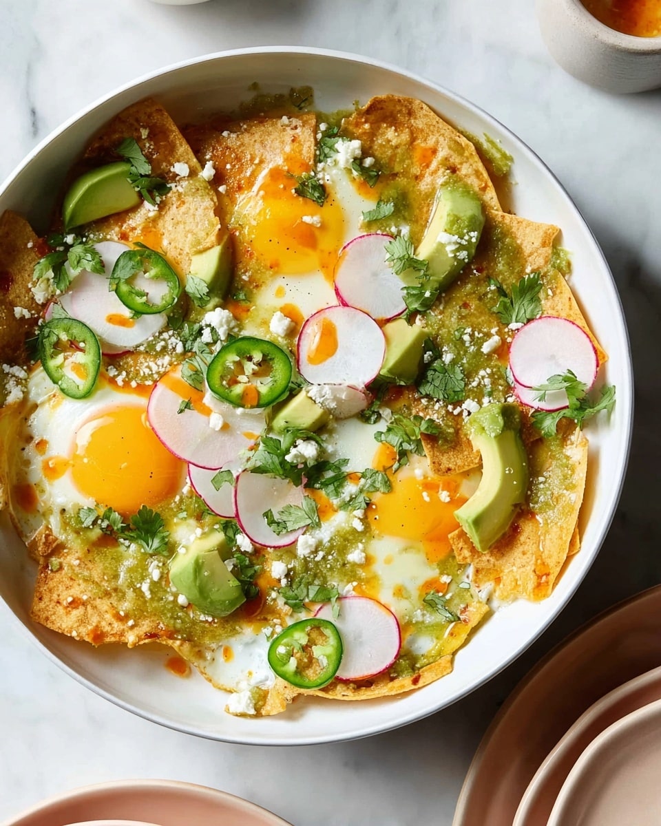A white bowl filled with three sunny side up eggs, each with a bright yellow yolk surrounded by white. On top and around the eggs are golden crispy tortilla chips covered in a light green salsa sauce. Thin green jalapeno slices, pale pink radish slices, and creamy light green avocado slices are scattered evenly over the chips and eggs. Small bits of white cheese and fresh green cilantro leaves add color and texture. Some spots have light drizzles of orange hot sauce. The bowl sits on a white marbled surface with parts of pale pink stacked plates visible on the side. Photo taken with an iphone --ar 4:5 --v 7
