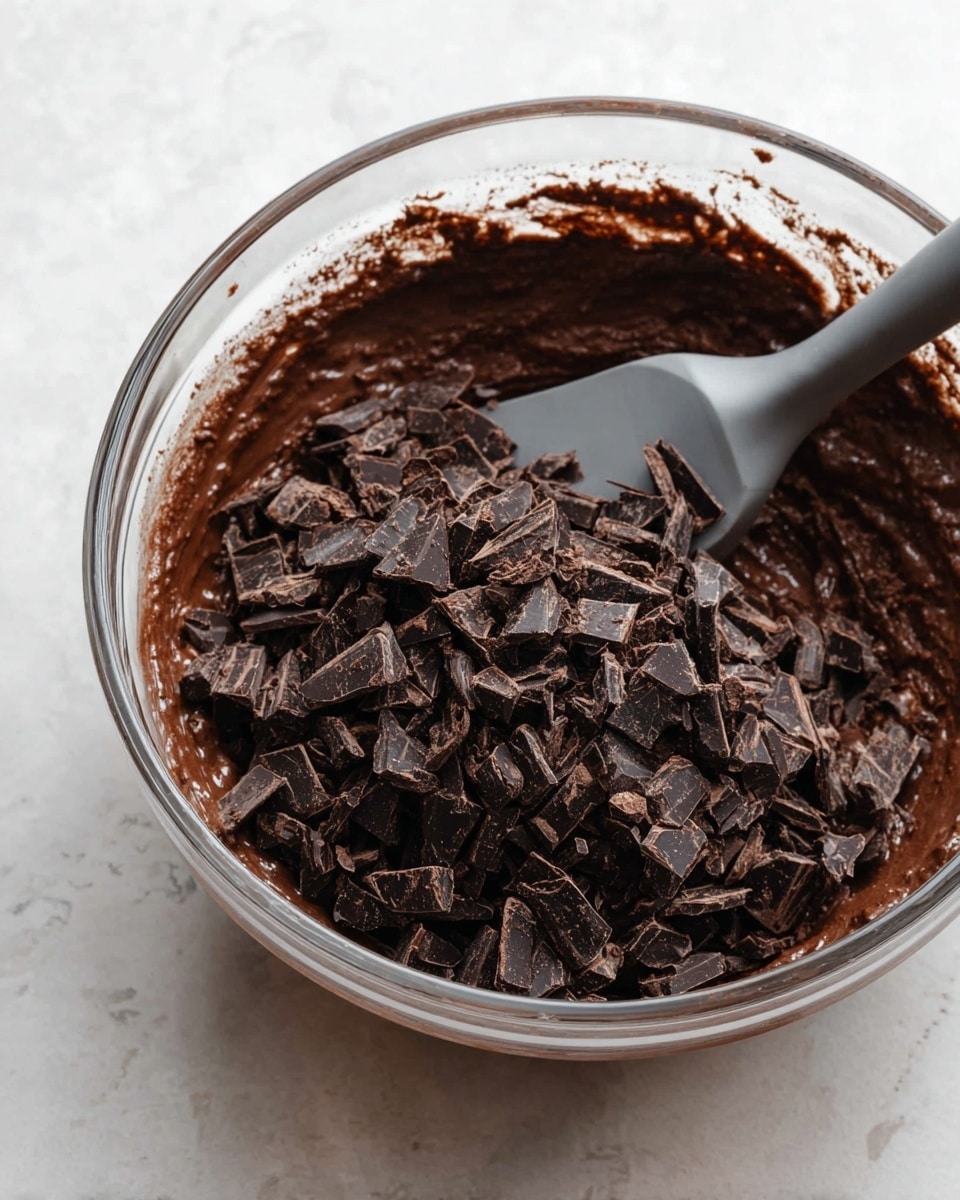A glass bowl with thick, dark brown chocolate batter inside, topped with a large pile of dark chocolate chunks with a mix of smooth and rough textures. A gray silicone spatula is partially dipped into the batter, resting in the bowl. The background shows a white marbled surface. photo taken with an iphone --ar 4:5 --v 7