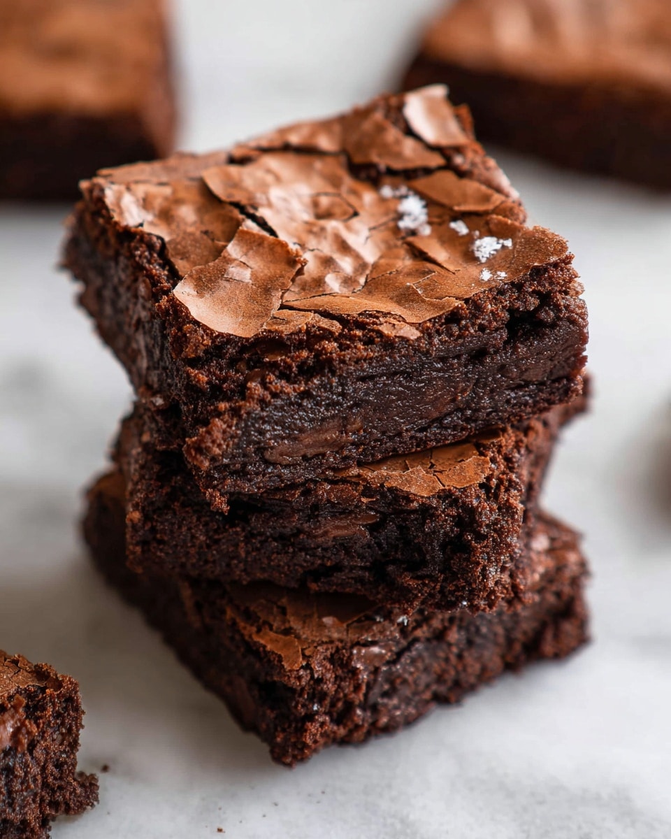 Three square brownies are stacked in the center of the image on a white marbled surface. Each brownie has a dark brown color with a cracked, thin, flaky top layer showing a slightly lighter shade of brown. The edges are sharp and firm, while the inside layers appear dense and rich with a moist texture visible through small air pockets. Around the stack, there are more brownies placed non-uniformly, slightly blurred in the background, adding depth to the image. The photo taken with an iphone --ar 4:5 --v 7