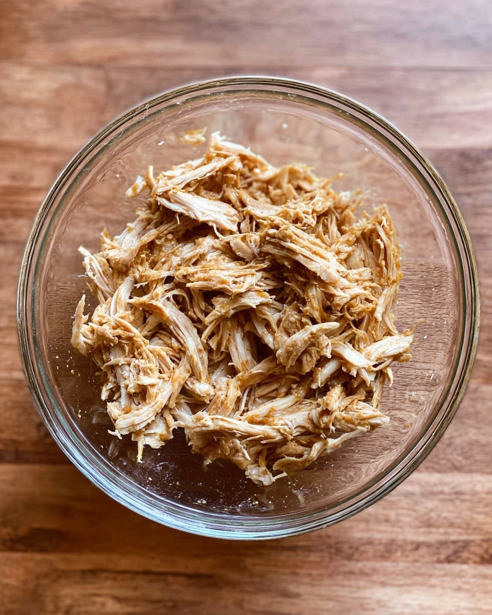 A clear glass bowl filled with shredded light brown chicken placed on a white marbled surface. The chicken pieces are small, stringy, and uneven, loosely piled in the center of the bowl with some darker brown sauce coating throughout. The background is smooth and wooden toned, enhancing the natural look of the dish. photo taken with an iphone --ar 4:5 --v 7