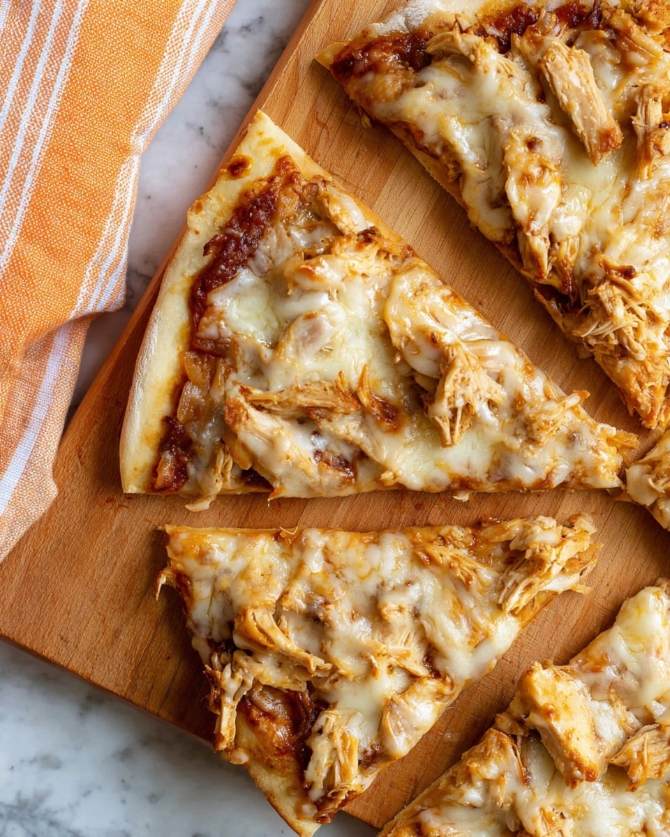 The image shows several pieces of pizza on a wooden board. Each pizza slice has three visible layers: a thin, light golden crust at the bottom, topped with a slightly darker red-brown sauce layer, and covered with melted pale yellow cheese that spreads unevenly over shredded chicken pieces, giving a textured look. The shredded chicken is light orange-brown with some browned edges. Small crumbs are scattered around the slices. A striped orange and white cloth is partly visible in the top left corner. The whole scene is set on a white marbled surface. photo taken with an iphone --ar 4:5 --v 7