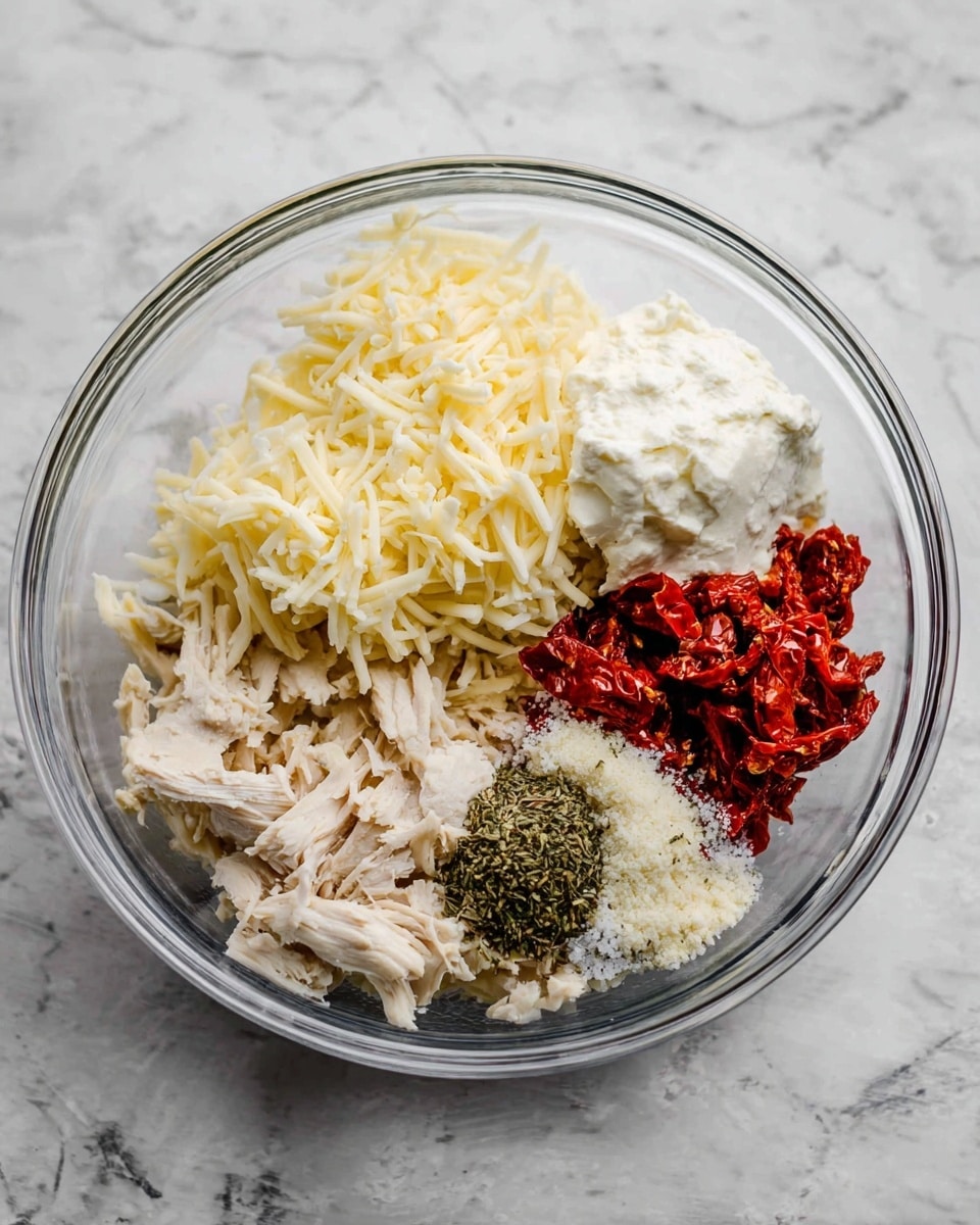 A clear glass bowl sits on a white marbled surface, holding six distinct layers of ingredients. At the bottom left are small pieces of shredded white chicken, next to a layer of pale yellow shredded cheese. Above the chicken is a pile of finely shredded white mozzarella cheese, and next to that on the right is a scoop of creamy white ricotta cheese. At the top right is a vibrant red pile of sun-dried tomatoes, and in the center are small mounds of dried green herbs and white salt. The ingredients are arranged separately, showing their different textures and colors clearly. Photo taken with an iphone --ar 4:5 --v 7