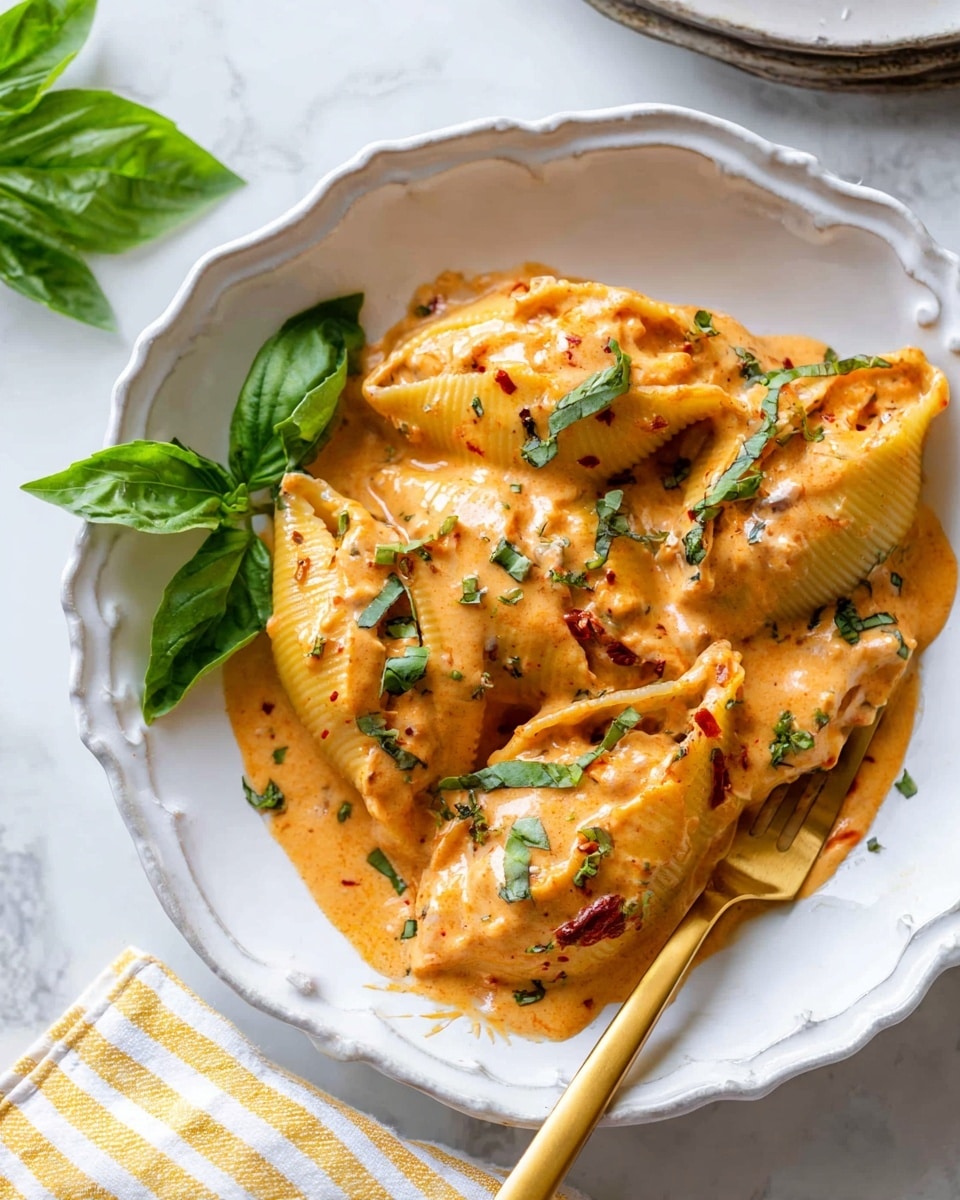 The dish shows four stuffed pasta shells arranged closely on a white scalloped plate. Each shell is covered in a rich, creamy orange sauce with visible small specks of seasoning and bits of sun-dried tomatoes. Bright green chopped basil leaves are sprinkled on top, adding a fresh touch. A whole basil leaf sits on the left side of the plate. There is a gold fork resting on the lower right edge of the plate, touching the sauce. The plate is on a white marbled surface with a corner of a yellow and white striped cloth visible behind it. Photo taken with an iphone --ar 4:5 --v 7