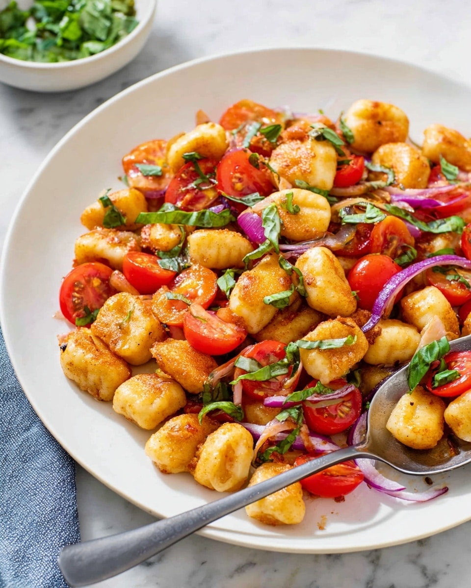 A white plate holds a dish of golden-brown small gnocchi pieces that are lightly crisped on the edges, mixed with bright red halved cherry tomatoes and thin slices of purple-red onion scattered throughout. Thin strips of fresh green basil are sprinkled on top for color and freshness. A silver spoon rests on the right side of the plate with some gnocchi, cherry tomatoes, and basil. The plate sits on a white marbled surface, and in the blurred background, a small white bowl filled with chopped green basil leaves is partially visible. Photo taken with an iphone --ar 4:5 --v 7