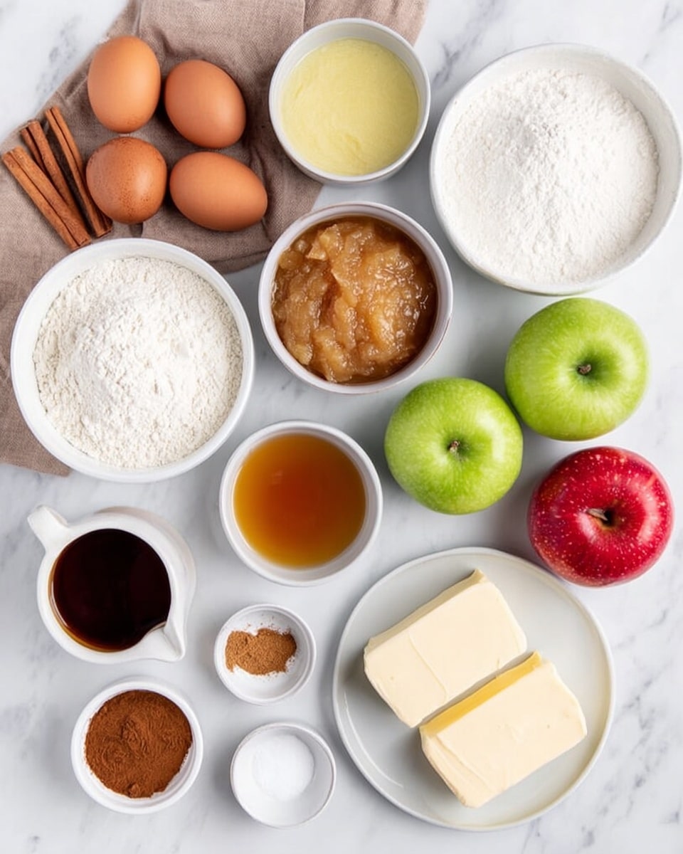 The image shows a top view of ingredients neatly arranged on a white marbled surface. There are four brown eggs on a light brown cloth to the left, next to three sticks of cinnamon. In the middle, there are several white bowls filled with white flour, light yellow oil, white powdered sugar, light brown applesauce, and a white liquid. To the right of these bowls are two green apples and two red apples, movement towards the top right two sticks of butter in white paper, a small cup of dark brown liquid, and a round plate with different brown spices in four sections. Below the spices is a small bowl with white powder and another bowl with an amber-colored liquid. The arrangement is clean and orderly, the colors soft but clear on the white marbled background. photo taken with an iphone --ar 4:5 --v 7