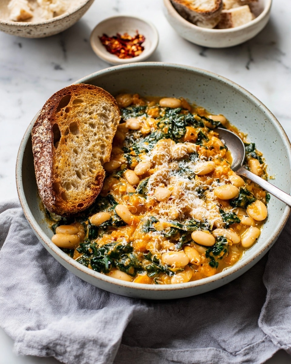 A shallow bowl contains three main layers: the first layer is a mix of creamy orange chunks and dark green leafy pieces, giving a textured base; the second layer is made up of plump, oval white beans spread evenly over the first layer; the top layer shows small specks of black pepper and grated white cheese scattered across the beans, adding fine detail. A toasted slice of brown bread is placed on the left side inside the bowl, slightly submerged in the dish. A silver spoon rests on the right edge of the bowl, partially in the food. The bowl itself is a muted, light grey color with a slightly rough texture. In the background, there is a white marbled surface with a small white bowl of red flakes and a speckled beige bowl of bread pieces set out. A soft grey cloth is positioned under the bowl. Photo taken with an iphone --ar 4:5 --v 7