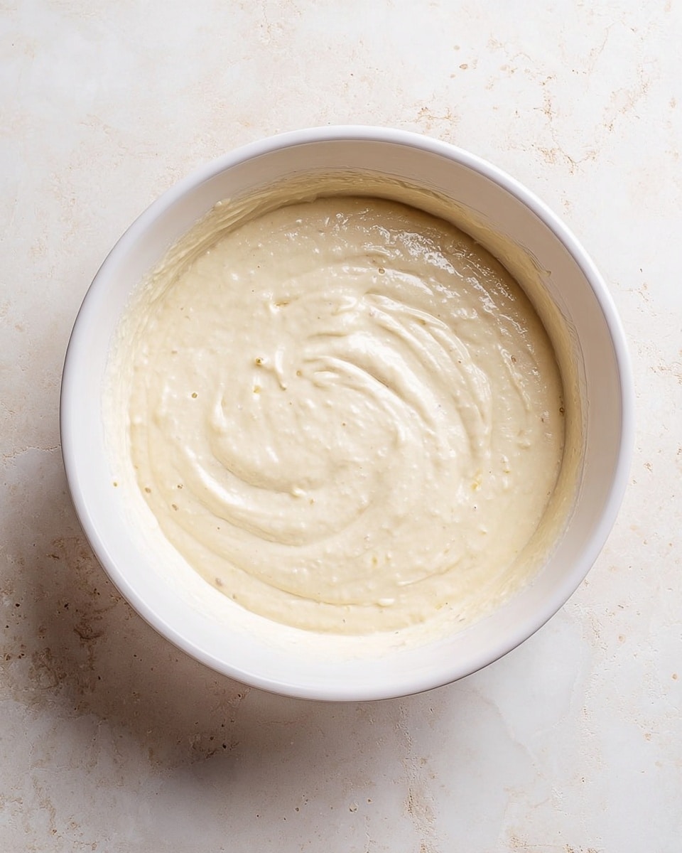 A white bowl filled with one smooth layer of thick, light cream-colored batter with visible gentle swirls on its surface sits on a white marbled texture background. The batter looks soft and slightly shiny, evenly spread inside the bowl, showing small bubbles and faint lumps. The bowl has a clean, simple design with a rounded edge. Photo taken with an iphone --ar 4:5 --v 7