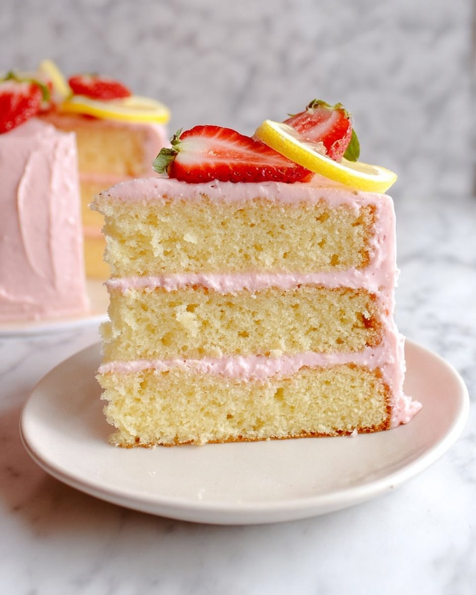 The image shows a three-layer cake with light yellow sponge and smooth light pink frosting between and on top of the layers. The cake is decorated with fresh strawberry halves and thin lemon slices on top. It sits on a white plate set on a white marbled surface. The cake's texture looks soft and moist with simple, clean frostings. photo taken with an iphone --ar 4:5 --v 7